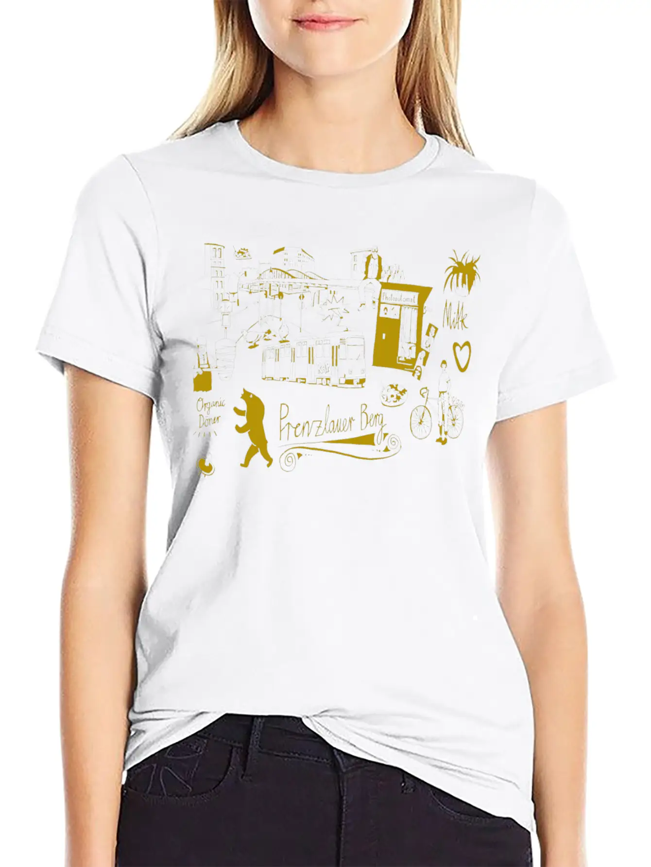 Urban Street Art Tram Bear Bridge Bicycle Gold Stylish Everyday T-Shirt – Unisex Basic Cotton Tee