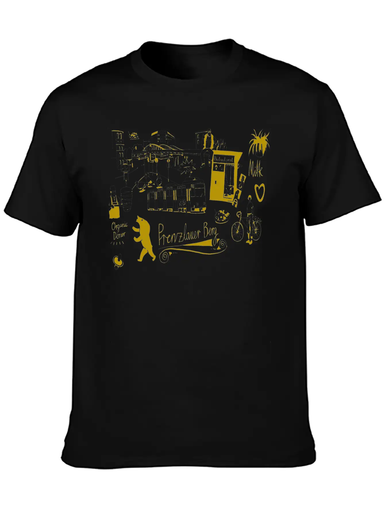 Urban Street Art Tram Bear Bridge Bicycle Gold Stylish Everyday T-Shirt – Unisex Basic Cotton Tee