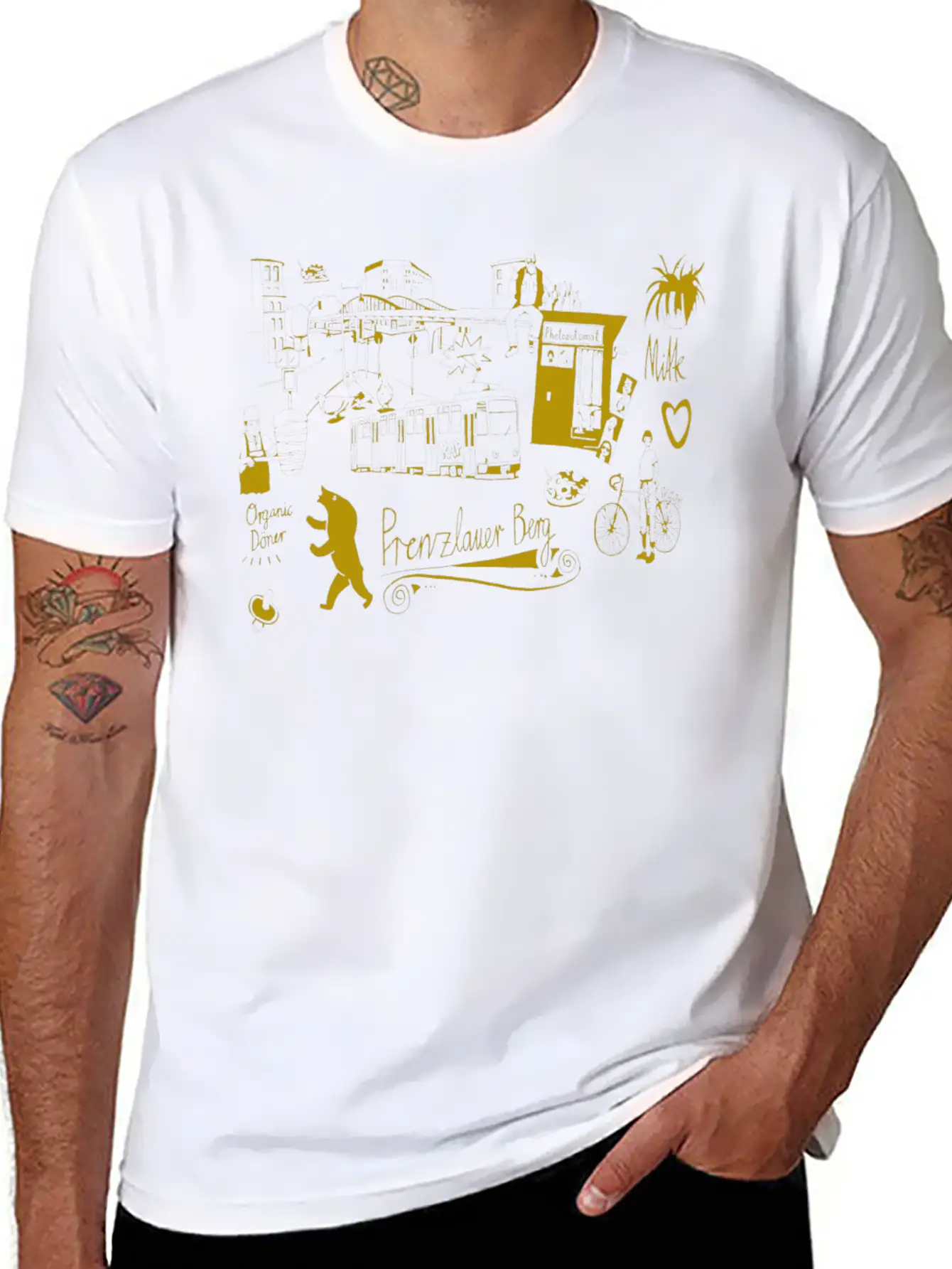 Urban Street Art Tram Bear Bridge Bicycle Gold Stylish Everyday T-Shirt – Unisex Basic Cotton Tee