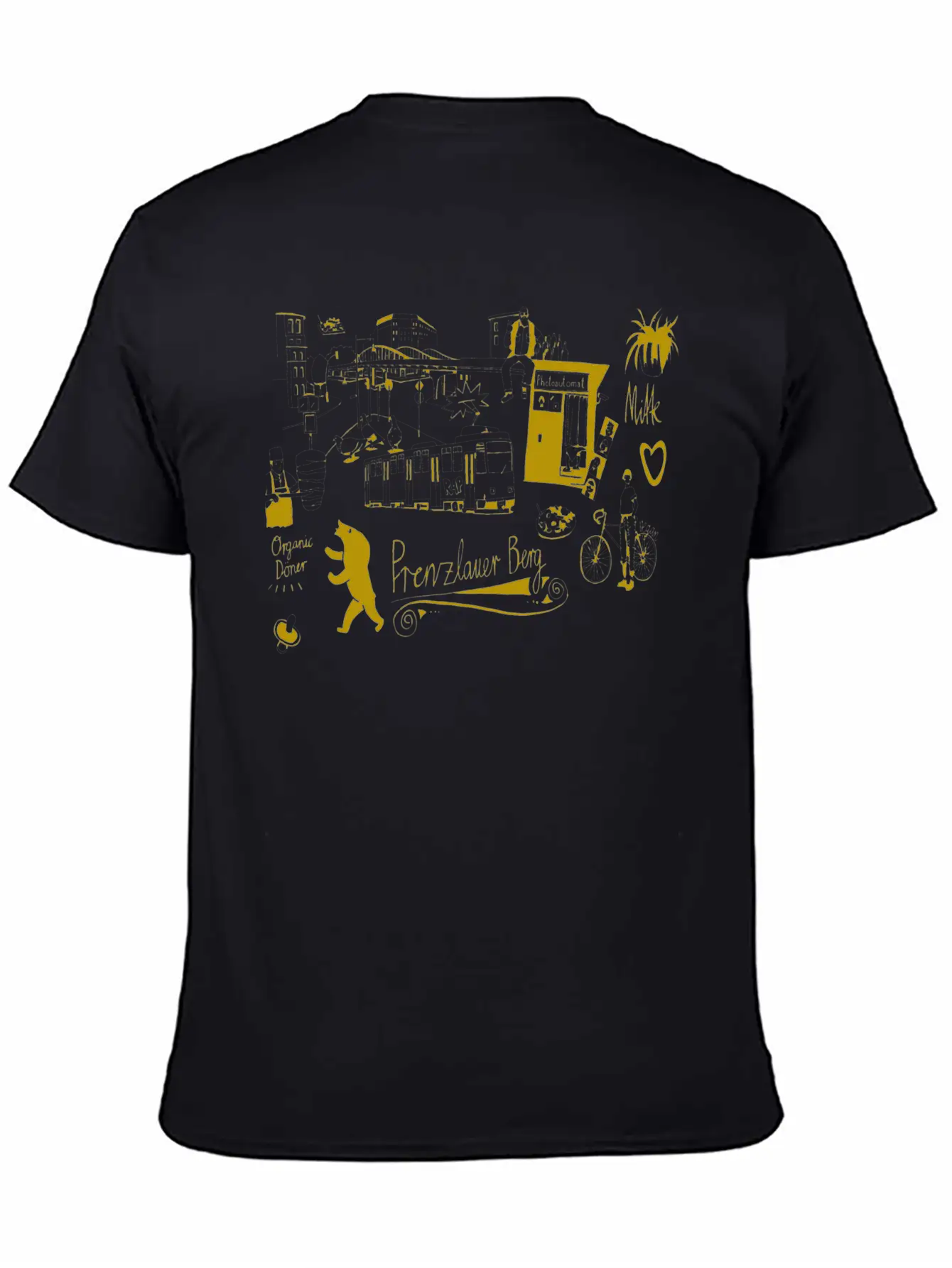 Urban Street Art Tram Bear Bridge Bicycle Gold Stylish Everyday T-Shirt – Unisex Basic Cotton Tee