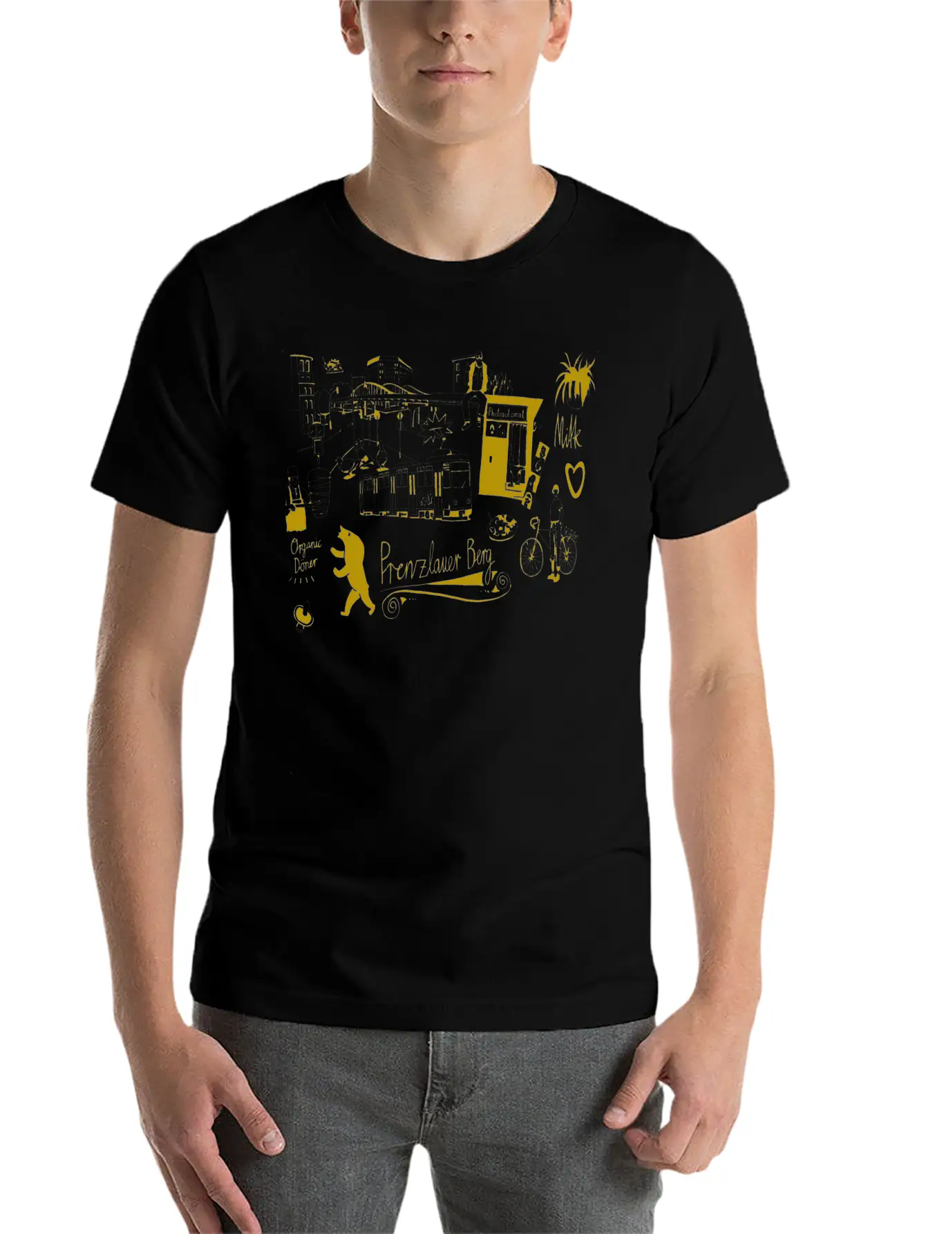 Urban Street Art Tram Bear Bridge Bicycle Gold Stylish Everyday T-Shirt – Unisex Basic Cotton Tee