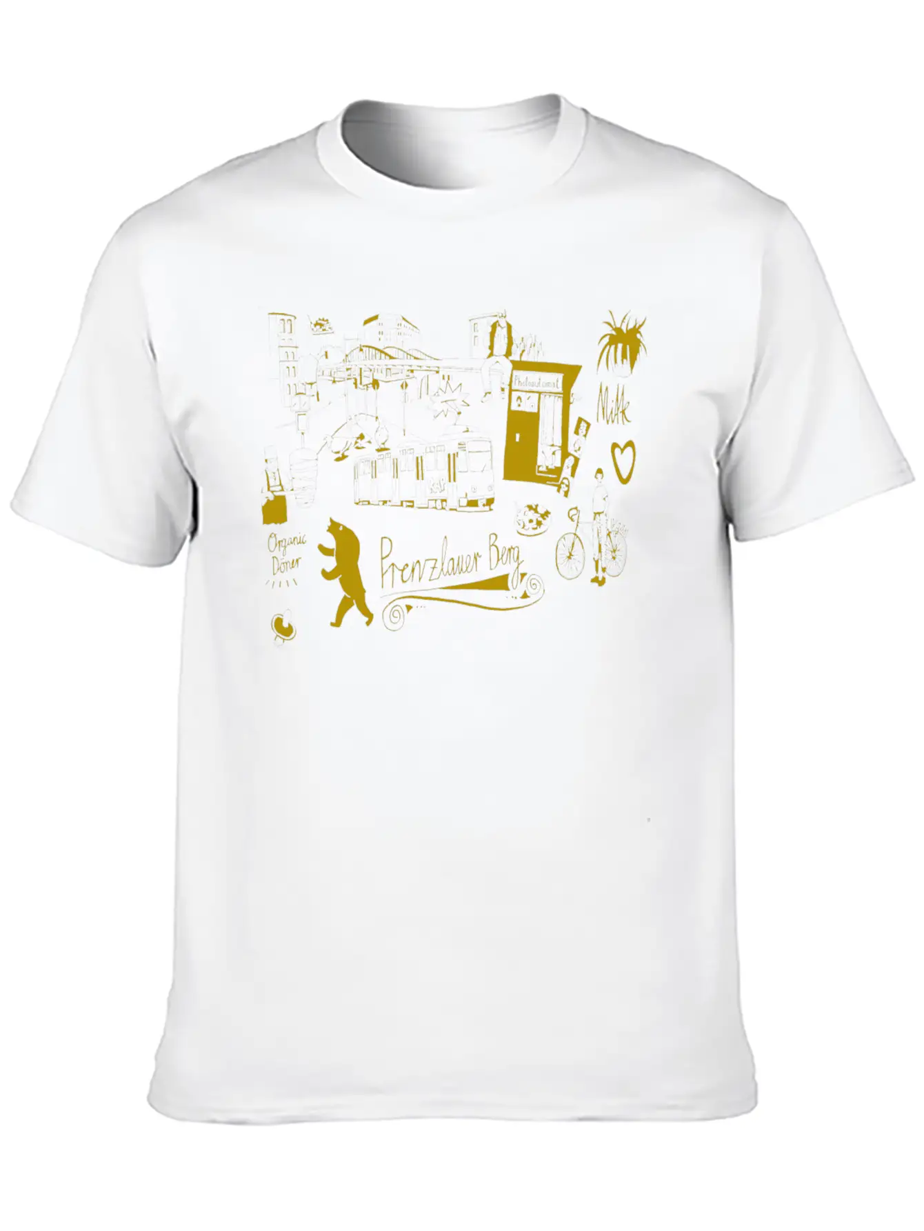 Urban Street Art Tram Bear Bridge Bicycle Gold Stylish Everyday T-Shirt – Unisex Basic Cotton Tee
