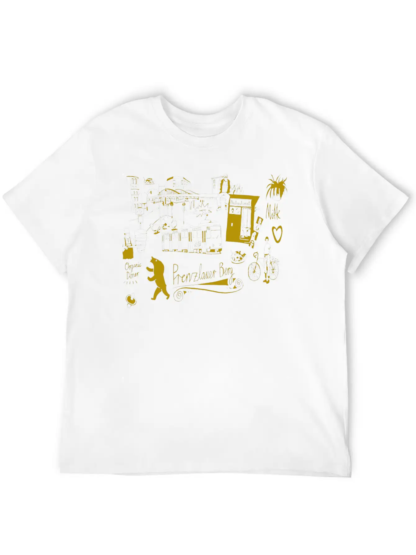 Urban Street Art Tram Bear Bridge Bicycle Gold Stylish Everyday T-Shirt – Unisex Basic Cotton Tee