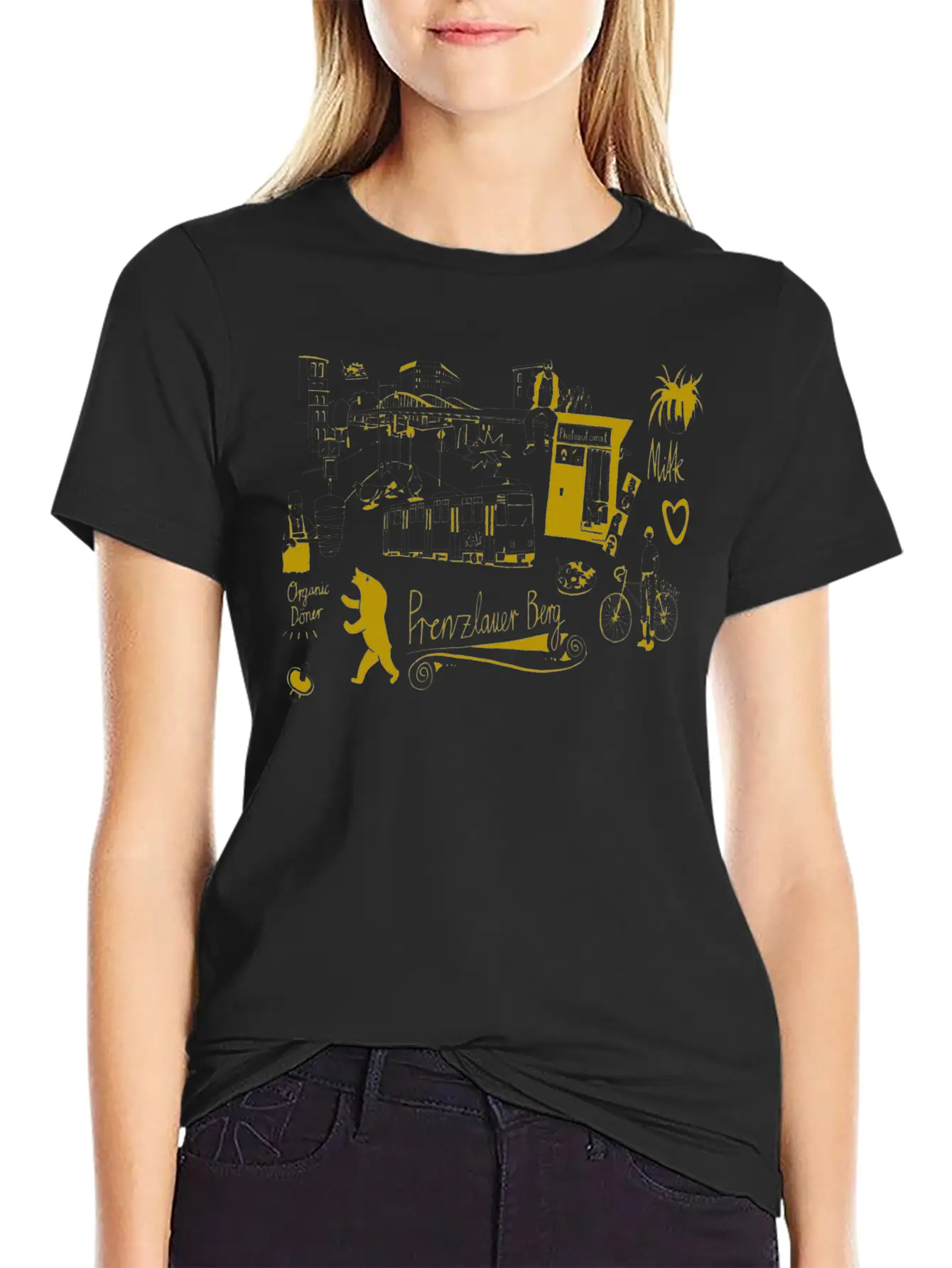 Urban Street Art Tram Bear Bridge Bicycle Gold Stylish Everyday T-Shirt – Unisex Basic Cotton Tee