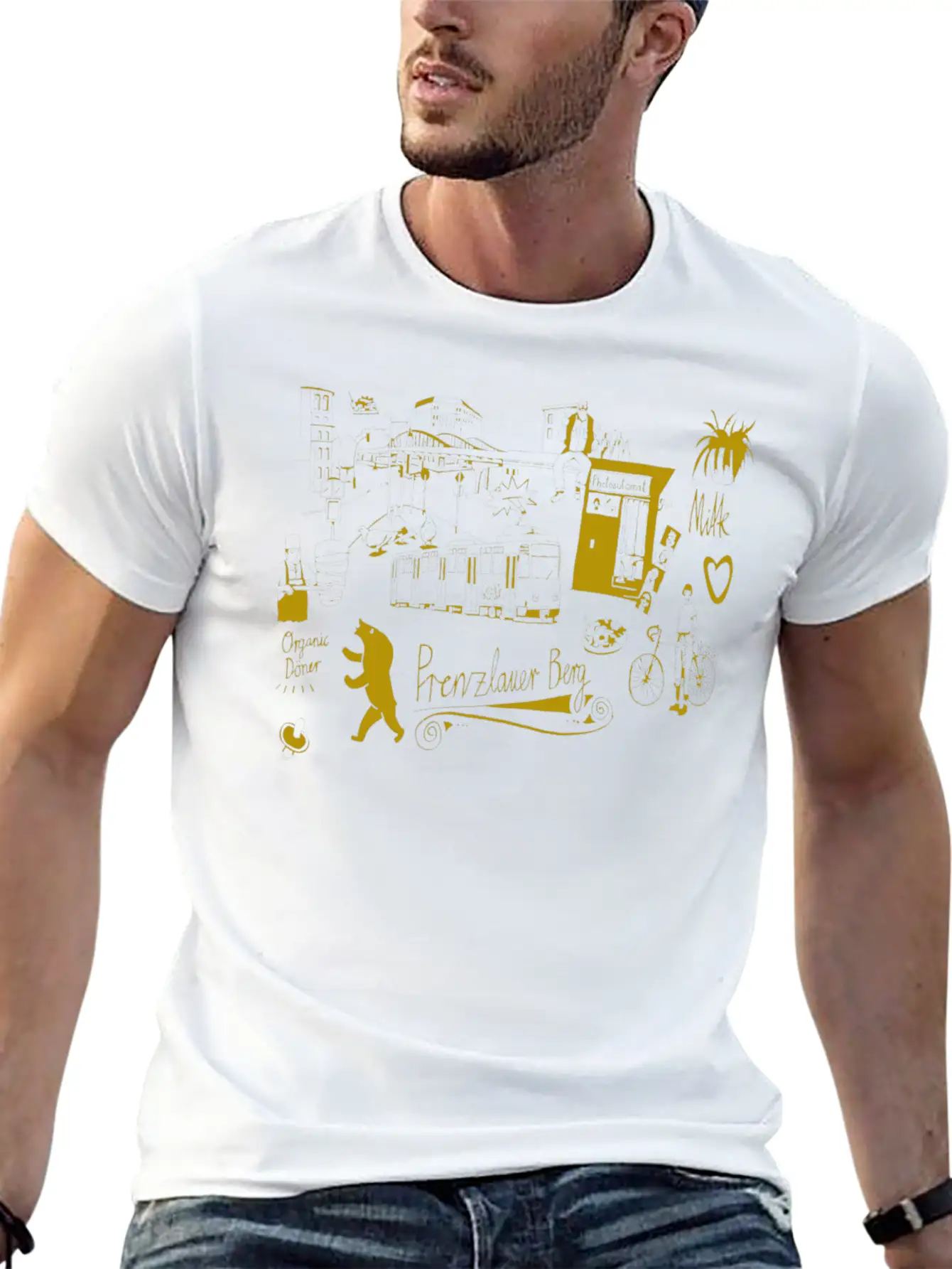 Urban Street Art Tram Bear Bridge Bicycle Gold Stylish Everyday T-Shirt – Unisex Basic Cotton Tee