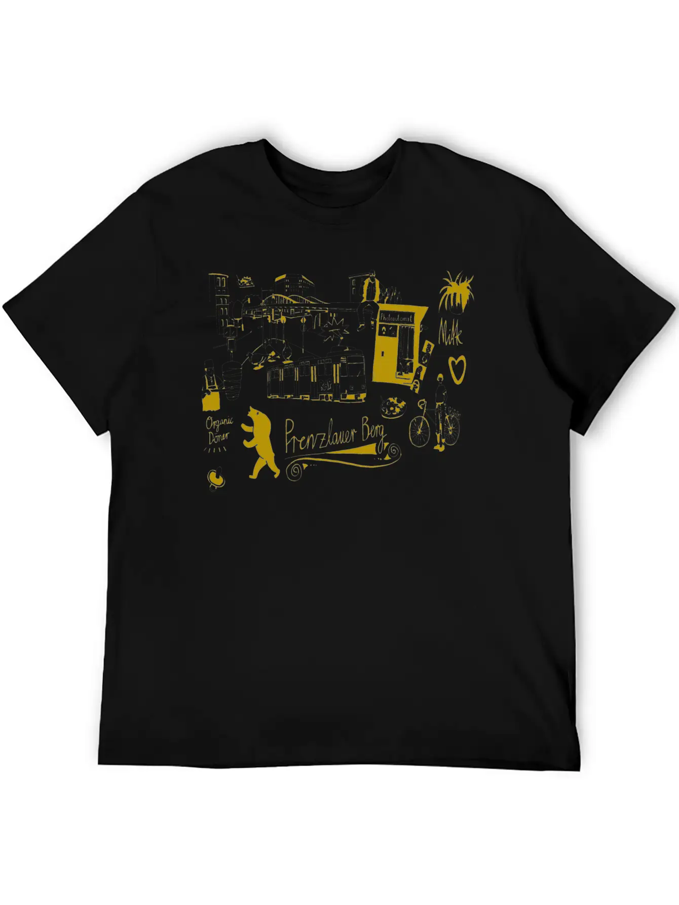 Urban Street Art Tram Bear Bridge Bicycle Gold Stylish Everyday T-Shirt – Unisex Basic Cotton Tee