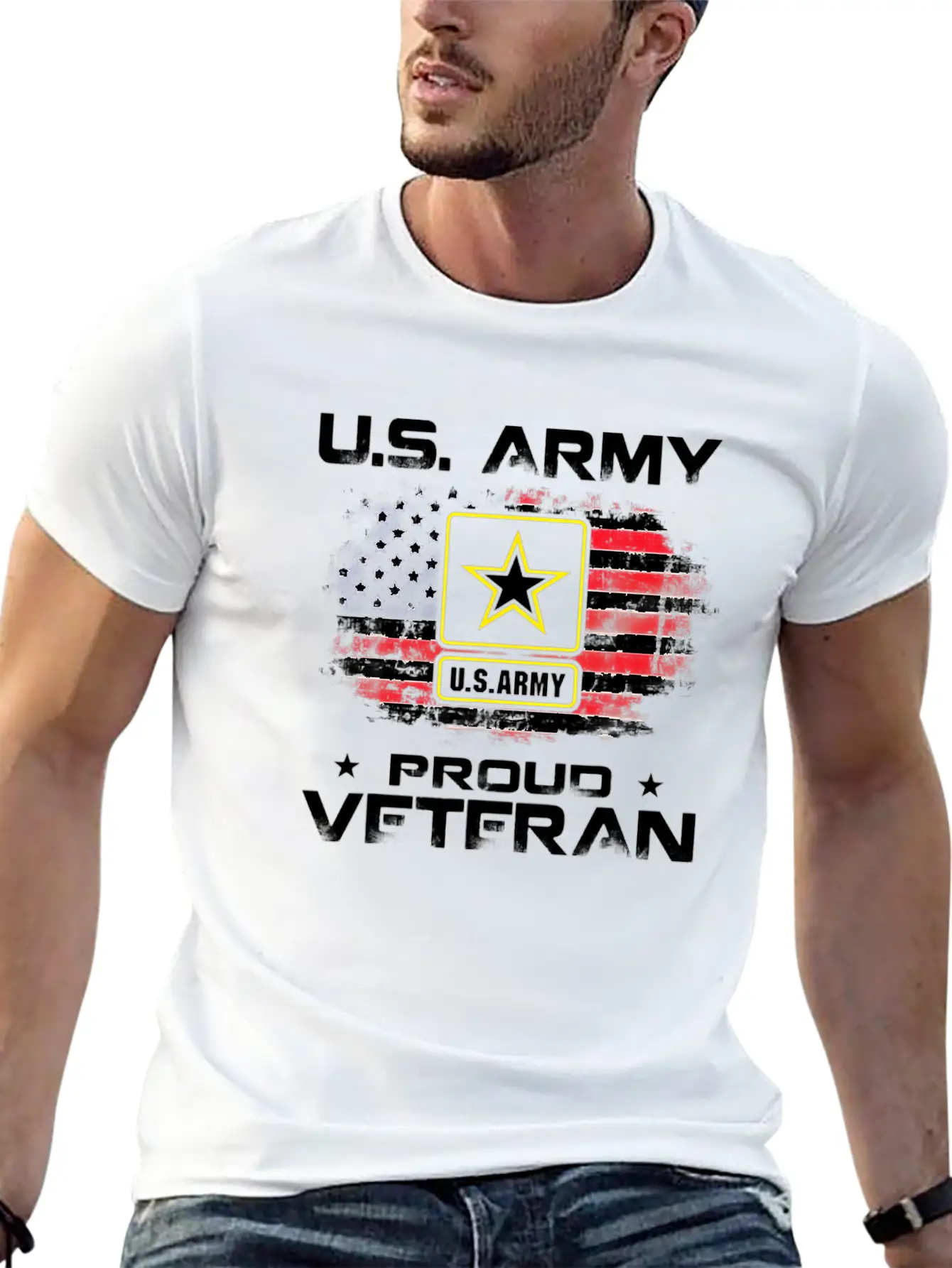 US Army Proud Veteran With American Flag Gift Unisex Short Sleeve Soft Cotton T-Shirt – Casual Everyday Wear