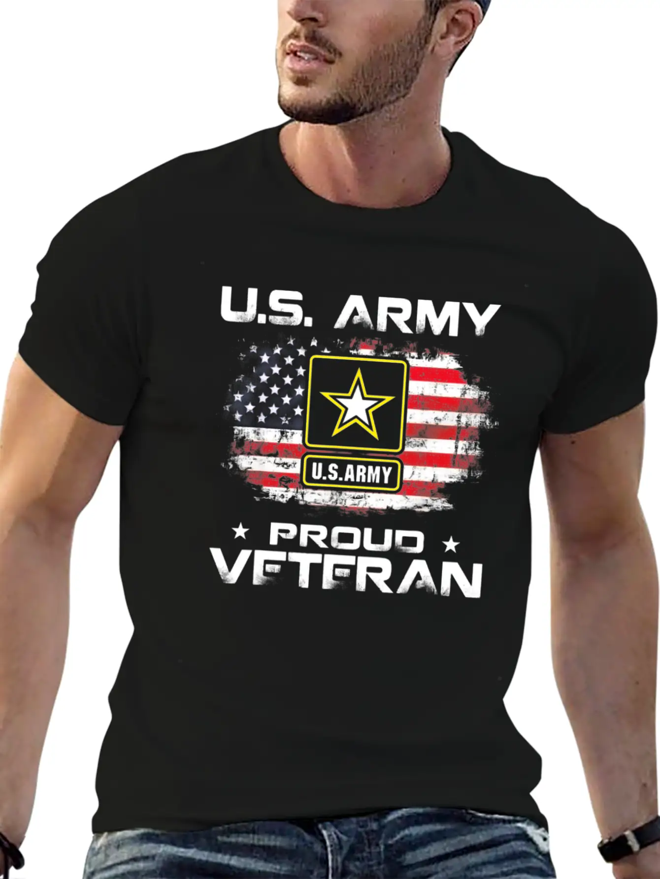 US Army Proud Veteran With American Flag Gift Unisex Short Sleeve Soft Cotton T-Shirt – Casual Everyday Wear