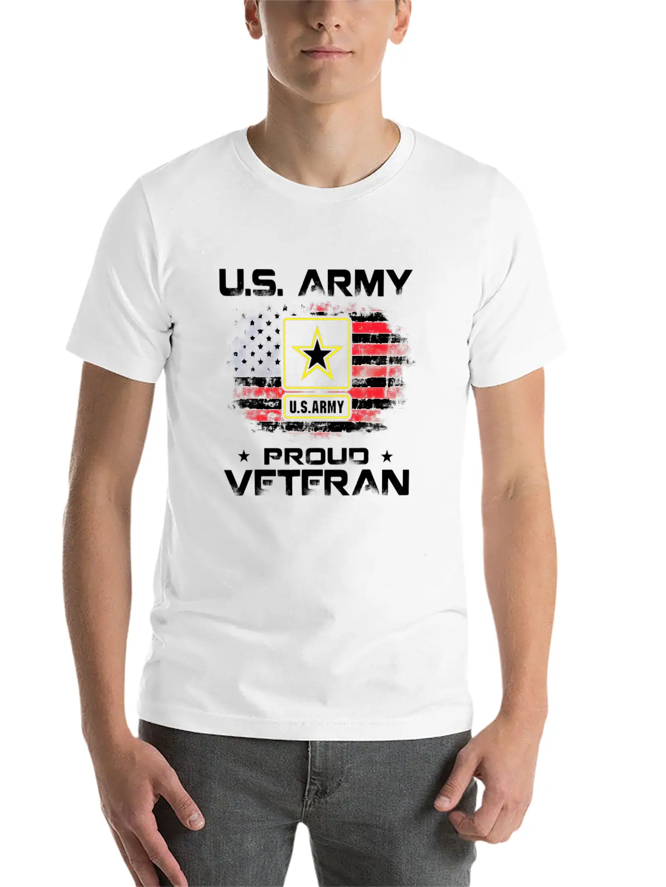 US Army Proud Veteran With American Flag Gift Unisex Short Sleeve Soft Cotton T-Shirt – Casual Everyday Wear