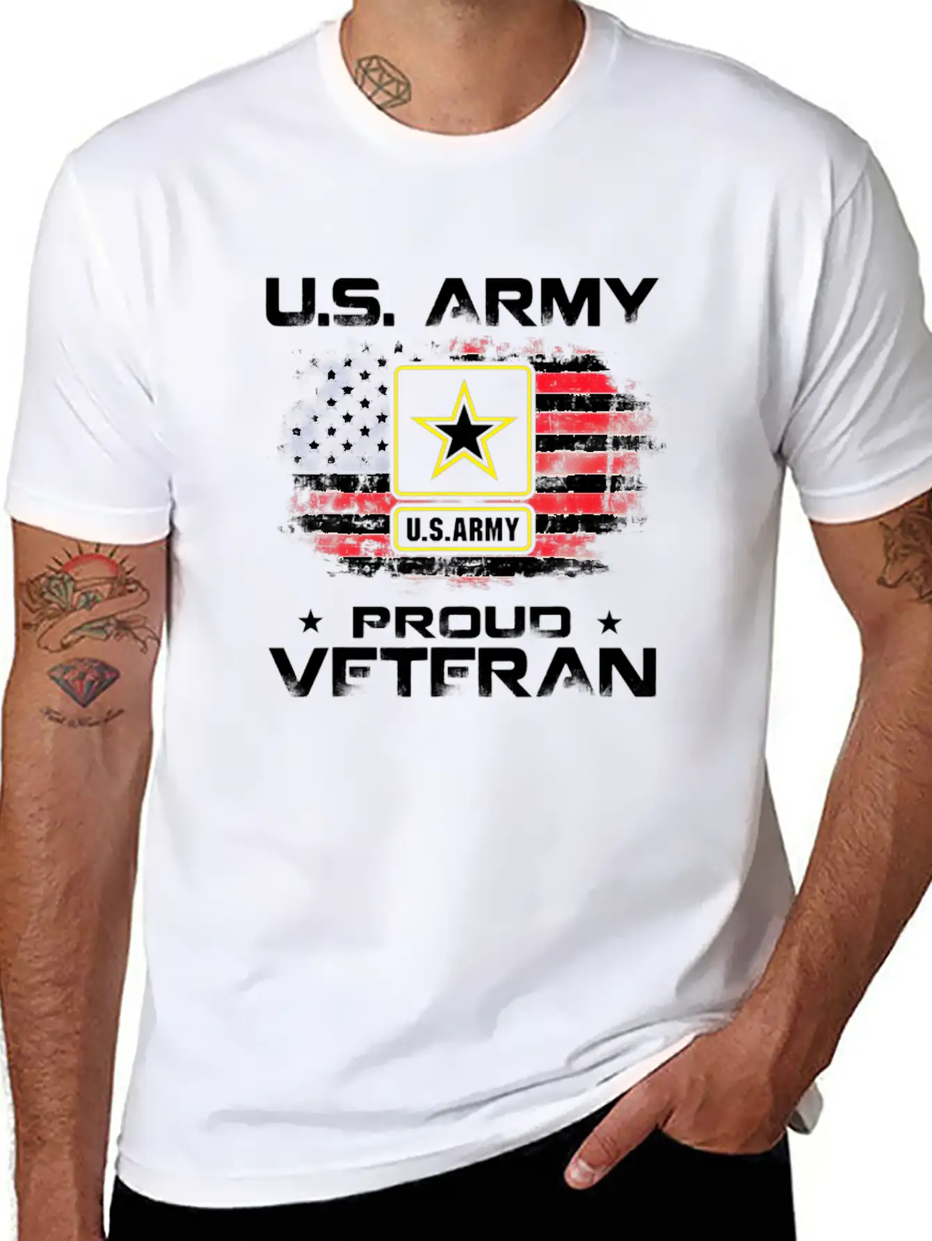US Army Proud Veteran With American Flag Gift Unisex Short Sleeve Soft Cotton T-Shirt – Casual Everyday Wear