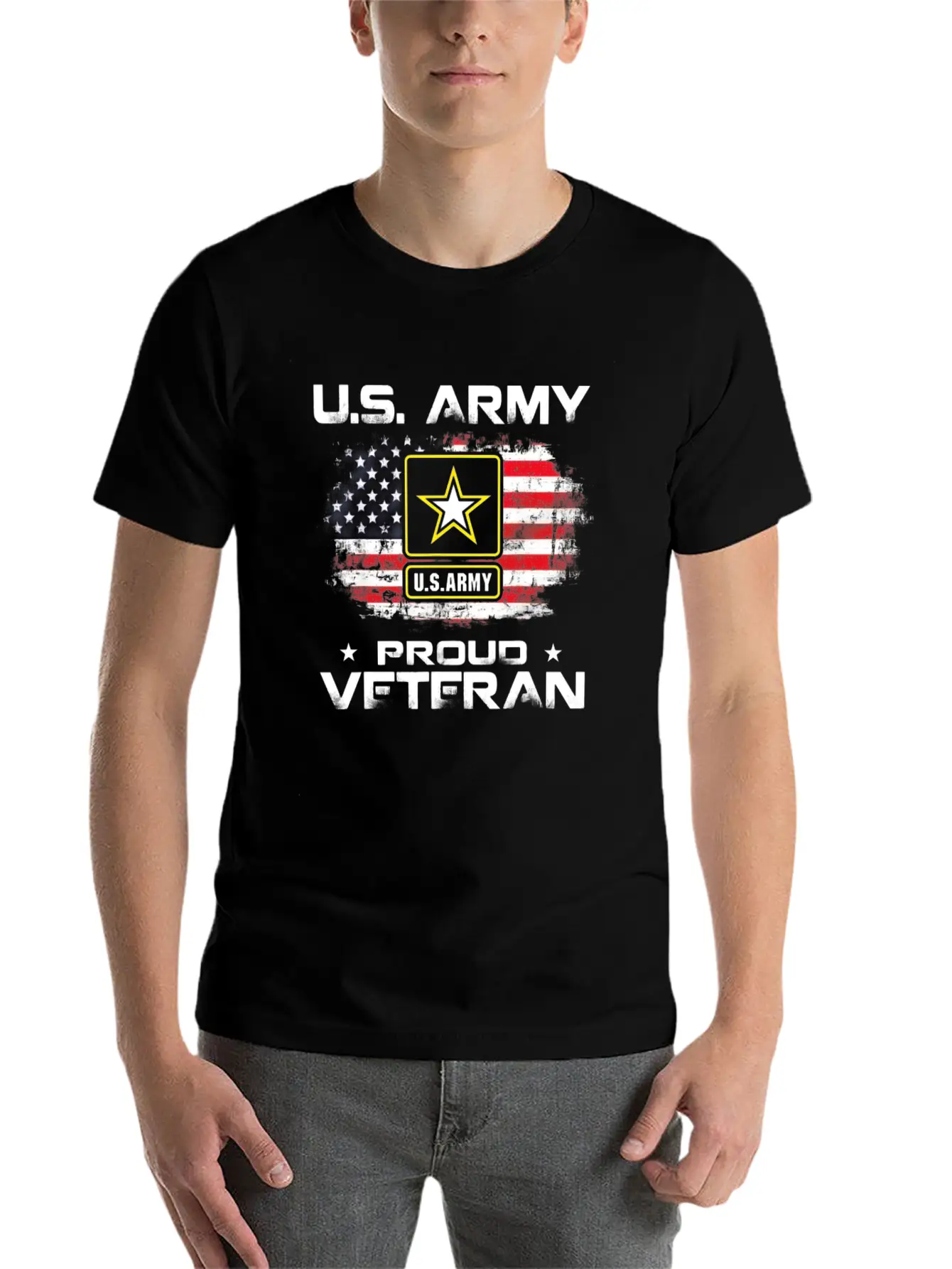 US Army Proud Veteran With American Flag Gift Unisex Short Sleeve Soft Cotton T-Shirt – Casual Everyday Wear
