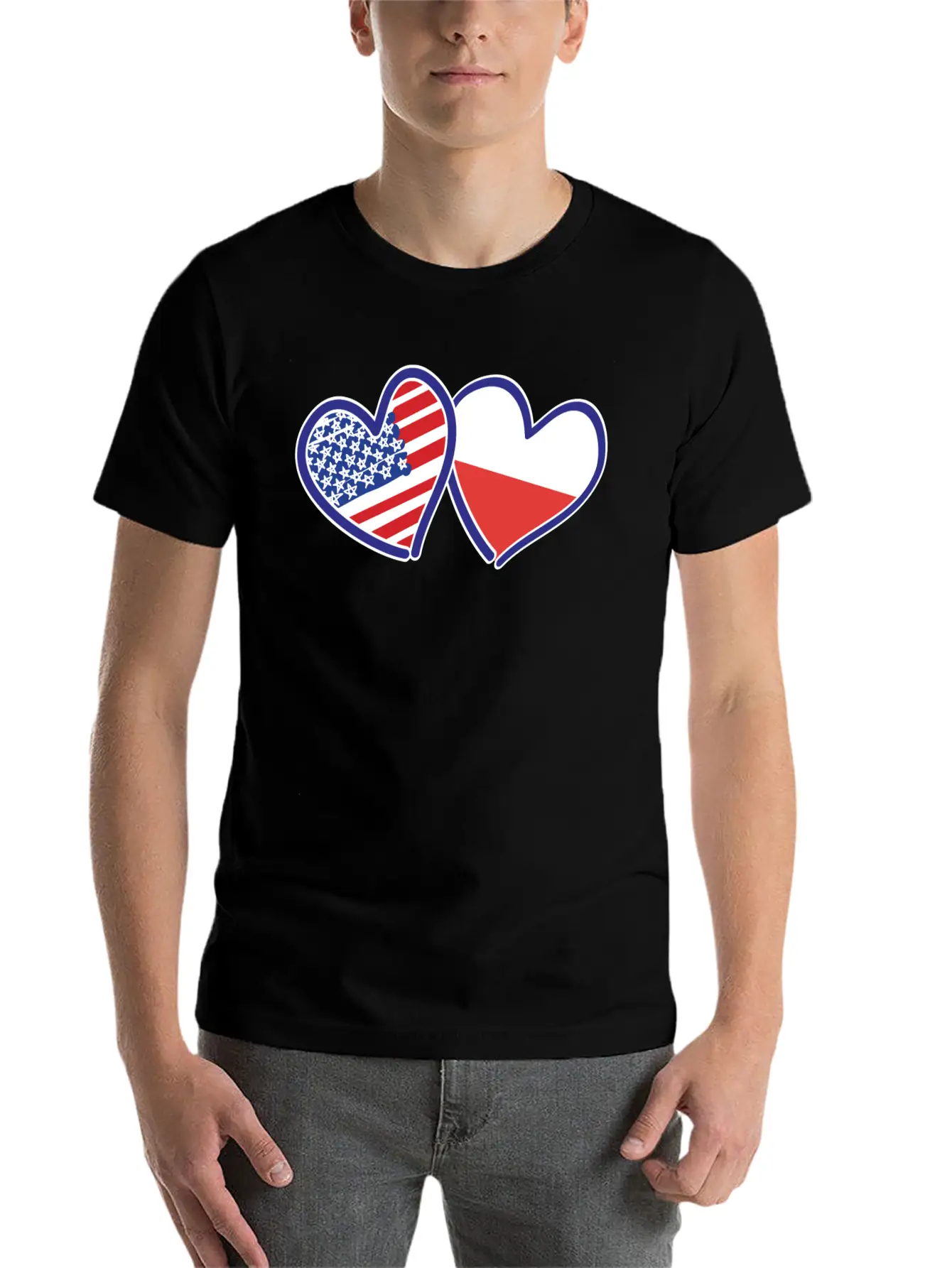 USA Poland Flag Hearts Unisex Short Sleeve Soft Cotton T-Shirt – Casual Everyday Wear