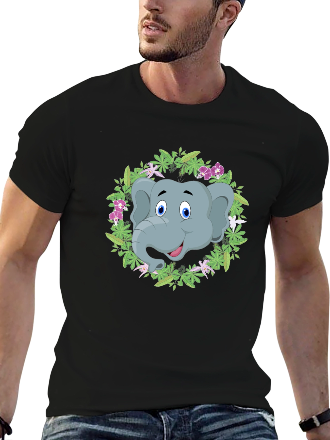 Elephant Floral Wreath Graphic Tee - Black