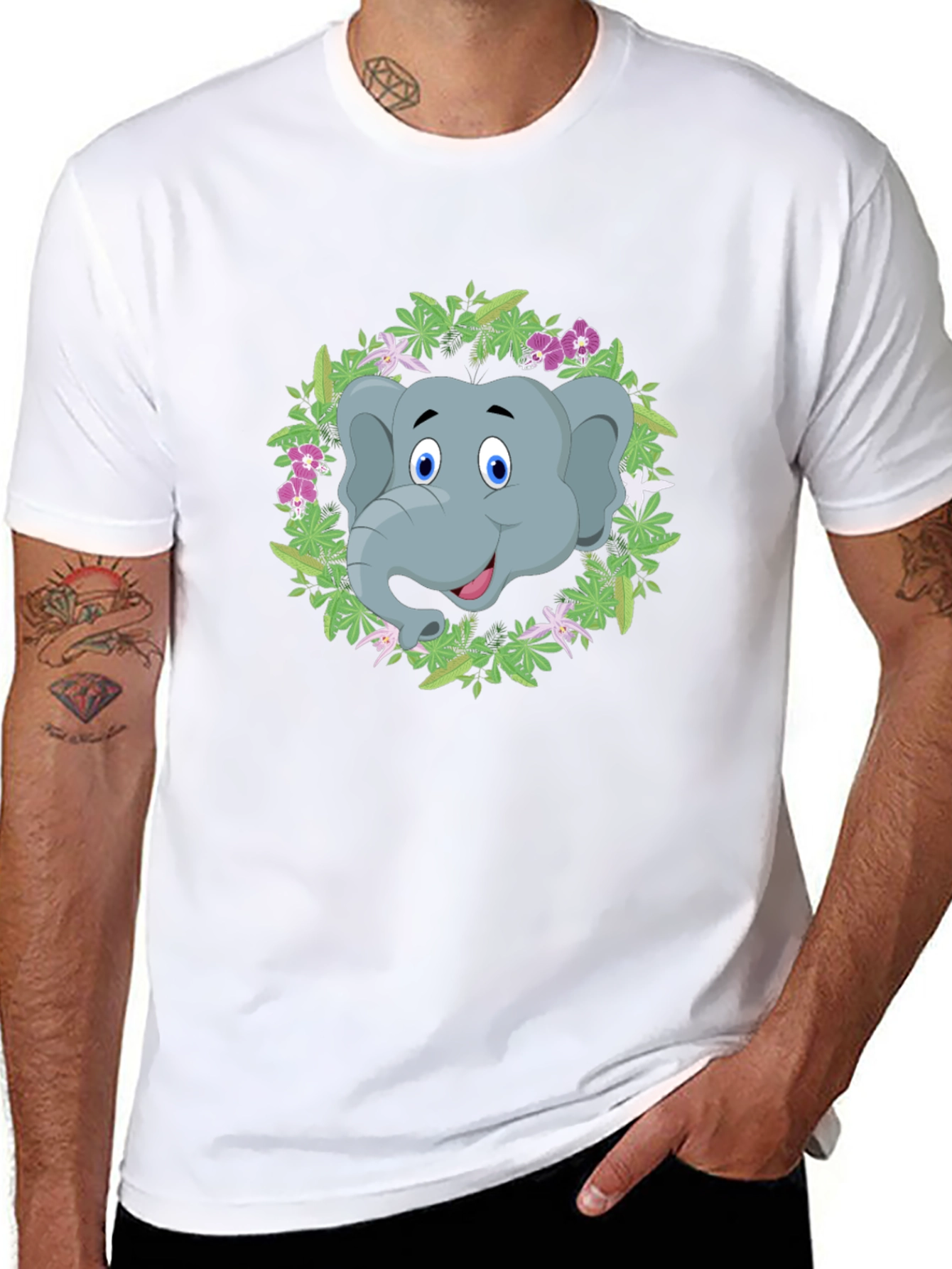Elephant Floral Wreath Graphic Tee - Black