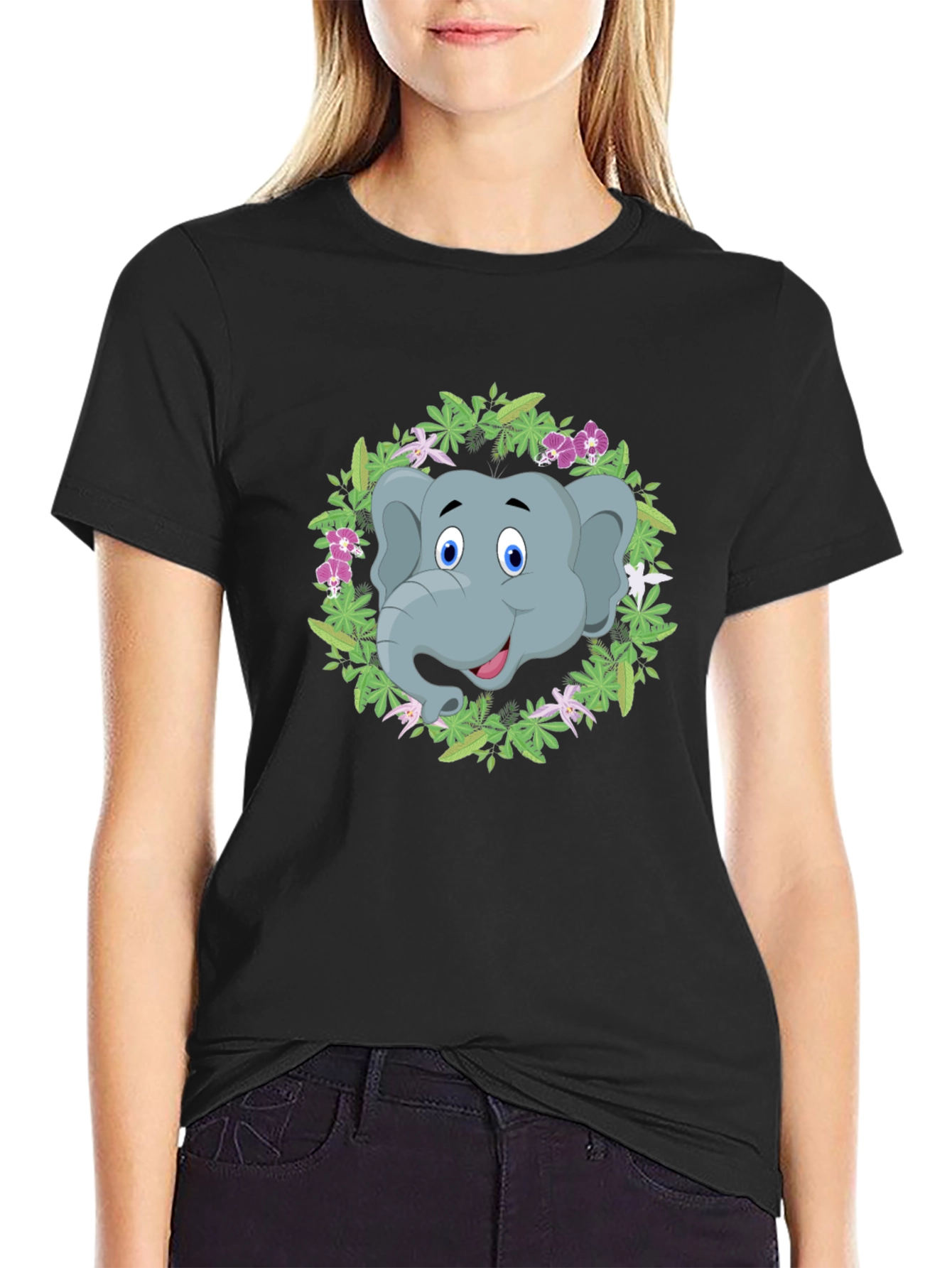 Elephant Floral Wreath Graphic Tee - Black