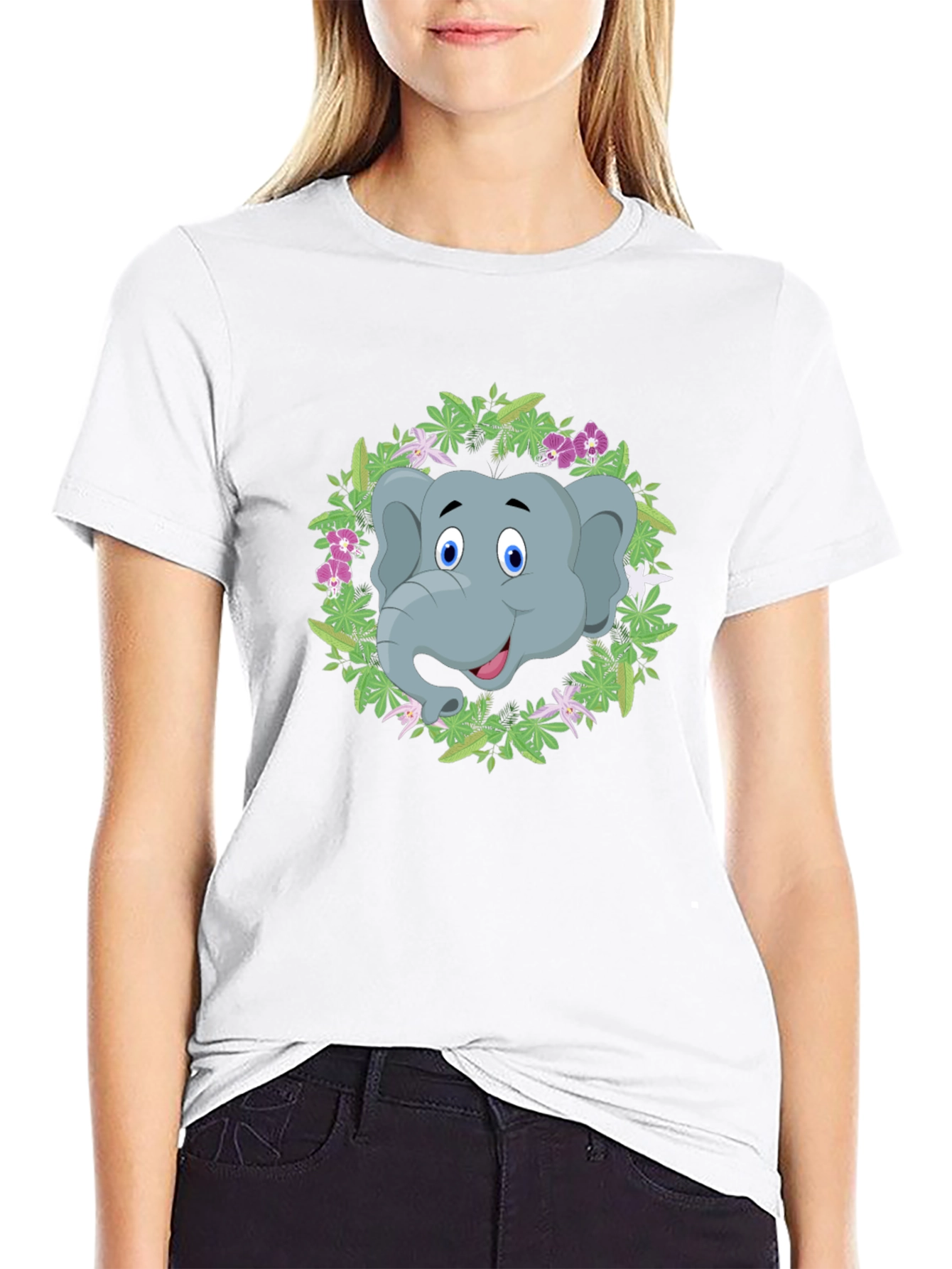 Elephant Floral Wreath Graphic Tee - Black