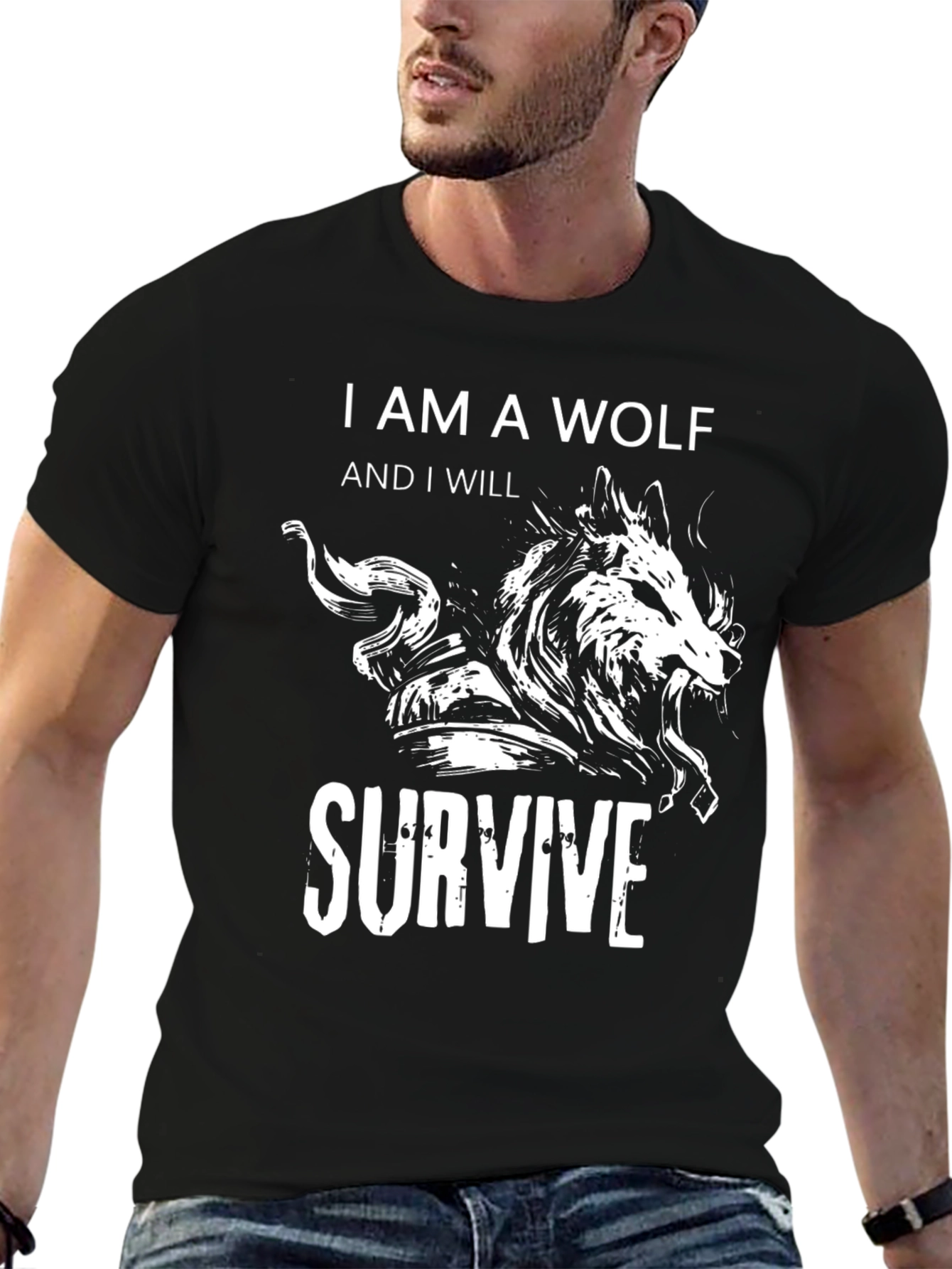 Wolf Survive Graphic Tee - Black Cotton T-Shirt