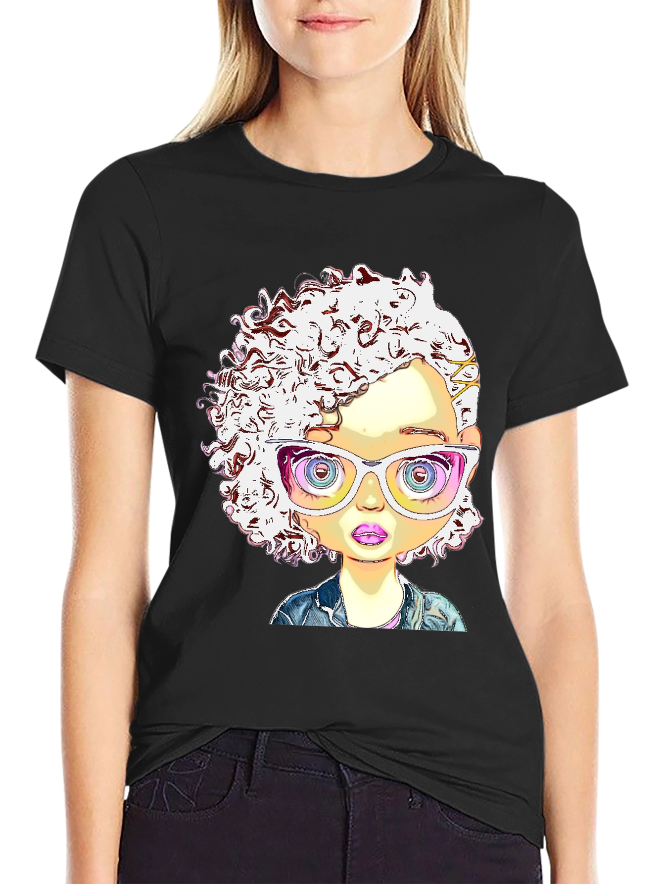 Funky Cartoon Girl Tee - Black
