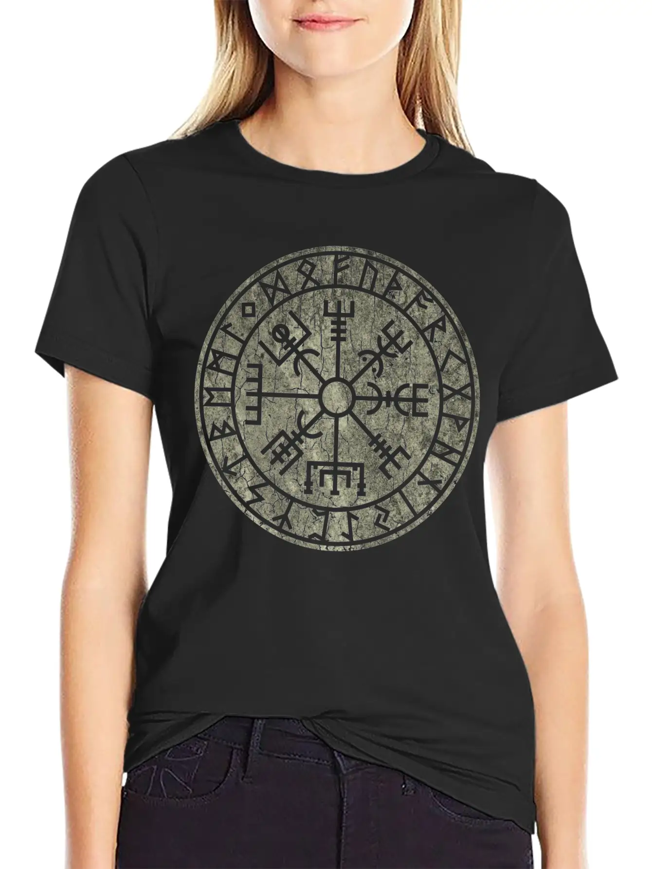 Vegvísir With Elder Futhark Stone Distressed Stylish Everyday T-Shirt – Unisex Basic Cotton Tee