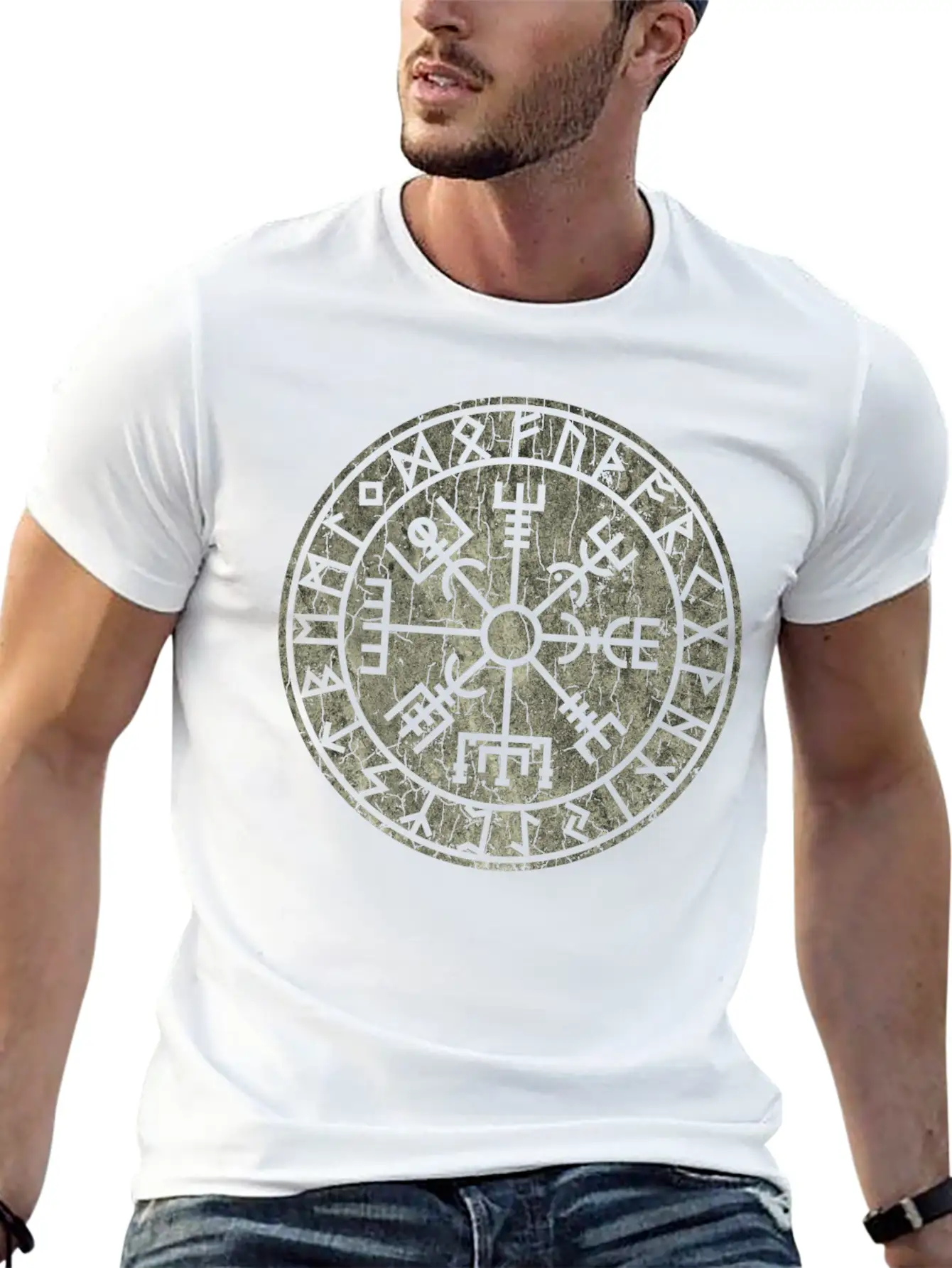 Vegvísir With Elder Futhark Stone Distressed Stylish Everyday T-Shirt – Unisex Basic Cotton Tee