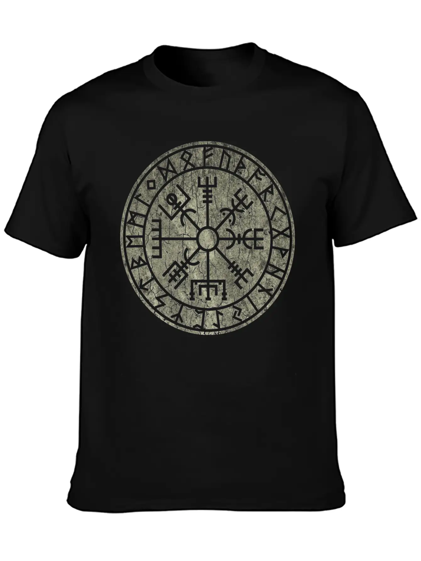 Vegvísir With Elder Futhark Stone Distressed Stylish Everyday T-Shirt – Unisex Basic Cotton Tee