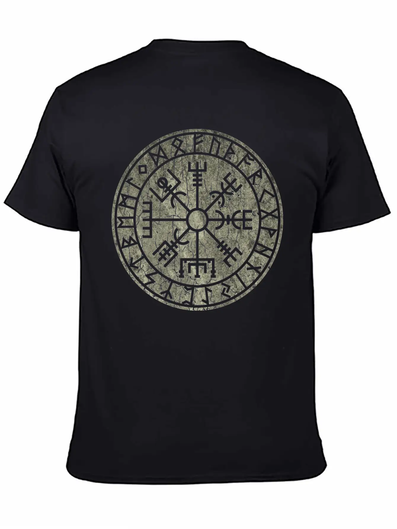 Vegvísir With Elder Futhark Stone Distressed Stylish Everyday T-Shirt – Unisex Basic Cotton Tee