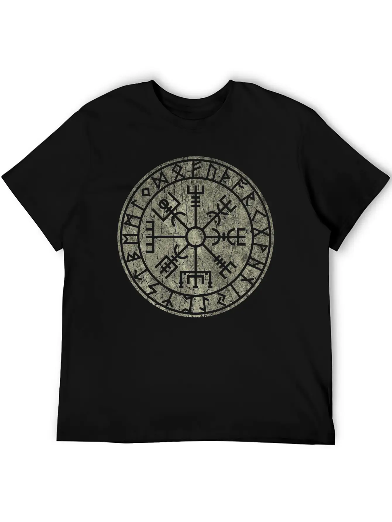 Vegvísir With Elder Futhark Stone Distressed Stylish Everyday T-Shirt – Unisex Basic Cotton Tee