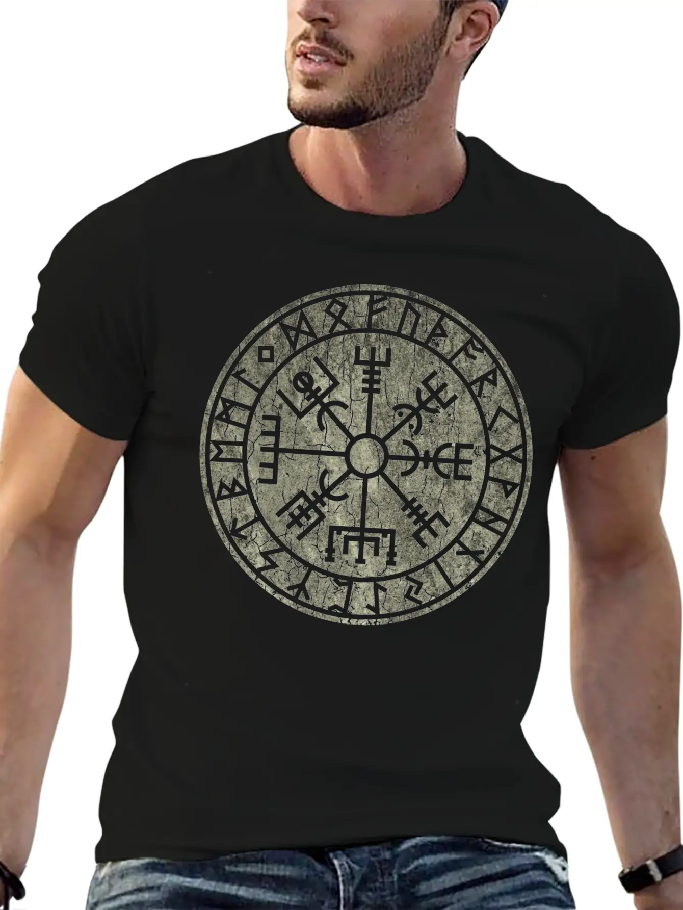 Vegvísir With Elder Futhark Stone Distressed Stylish Everyday T-Shirt – Unisex Basic Cotton Tee