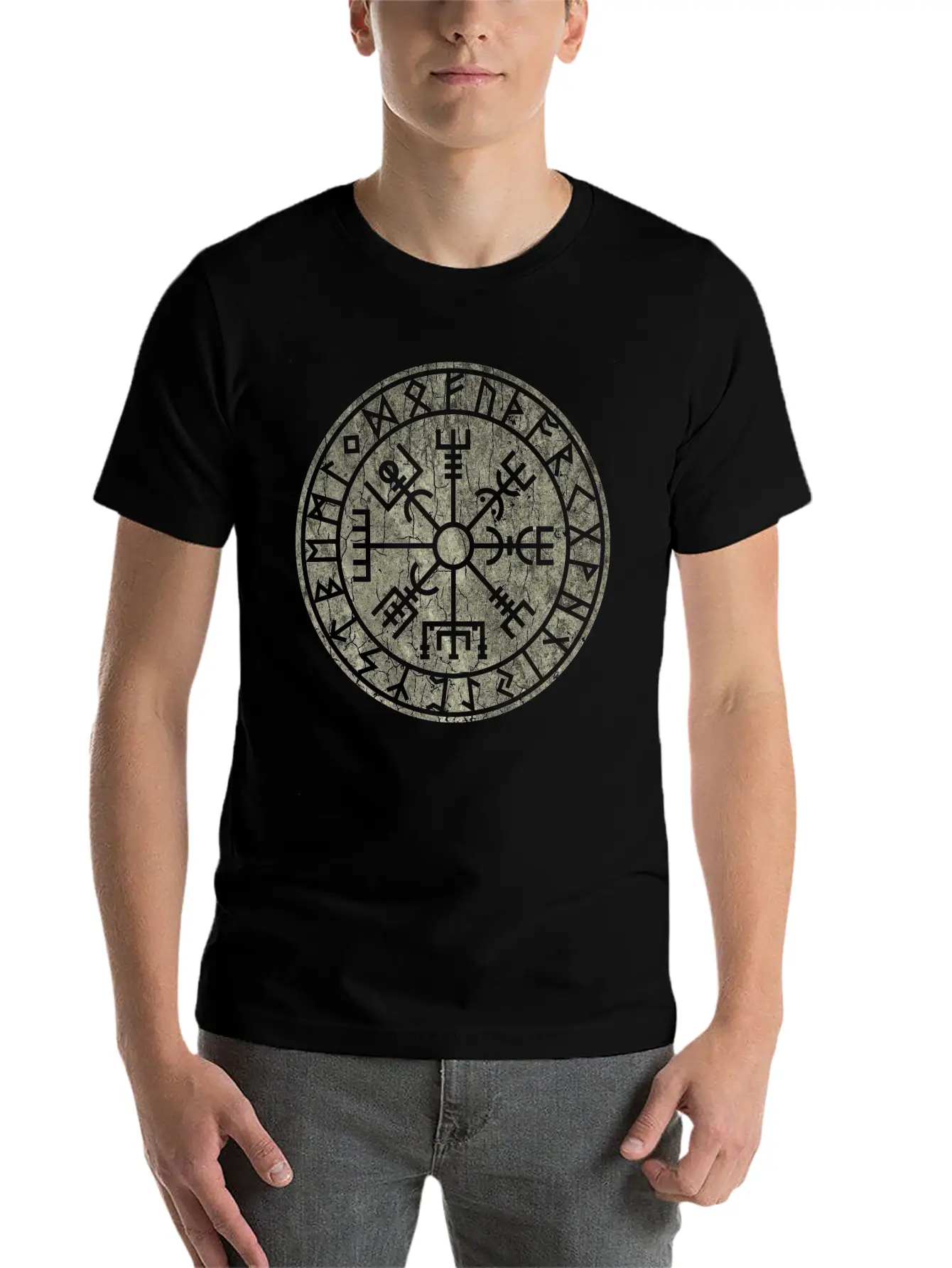Vegvísir With Elder Futhark Stone Distressed Stylish Everyday T-Shirt – Unisex Basic Cotton Tee