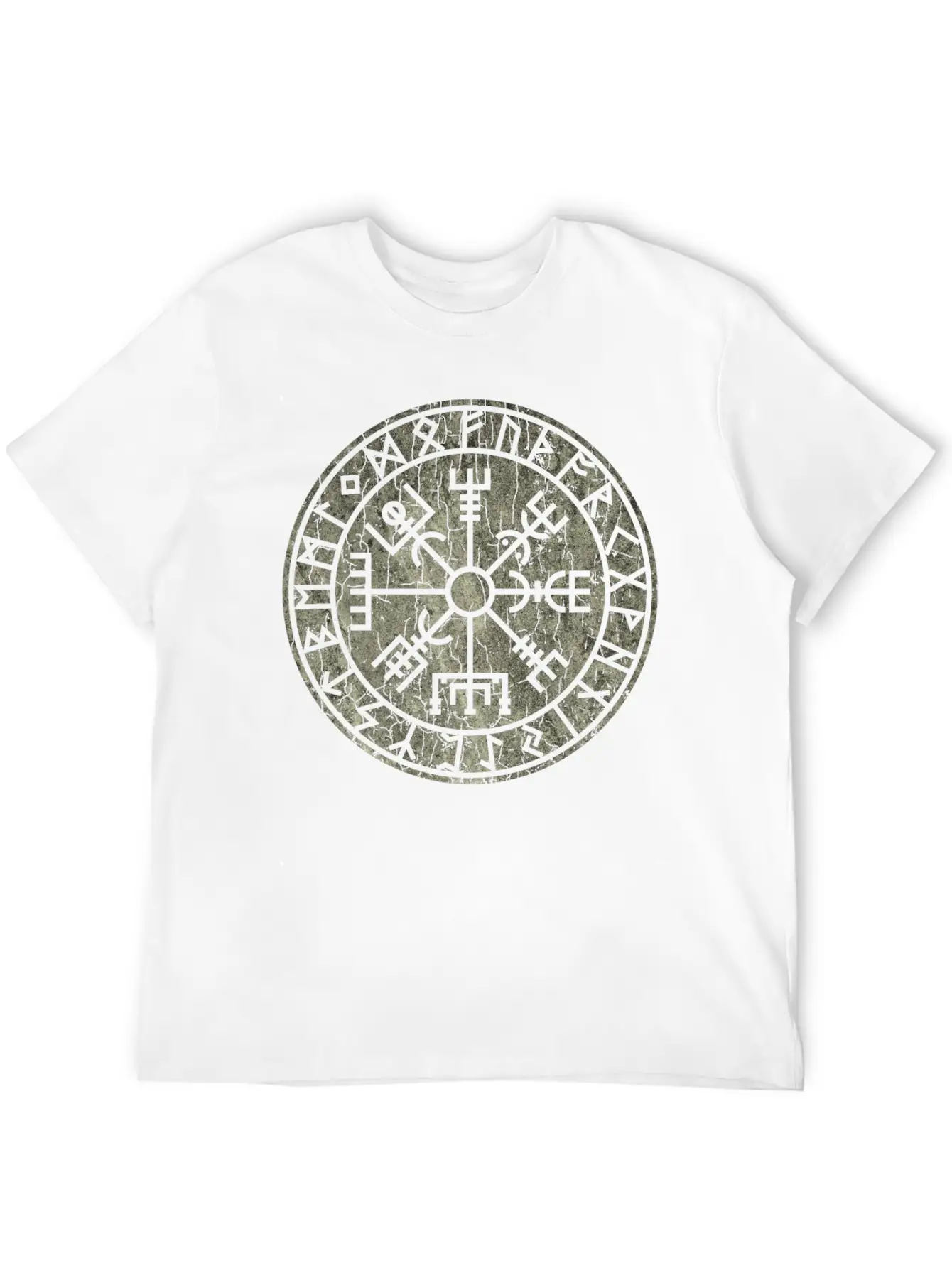 Vegvísir With Elder Futhark Stone Distressed Stylish Everyday T-Shirt – Unisex Basic Cotton Tee