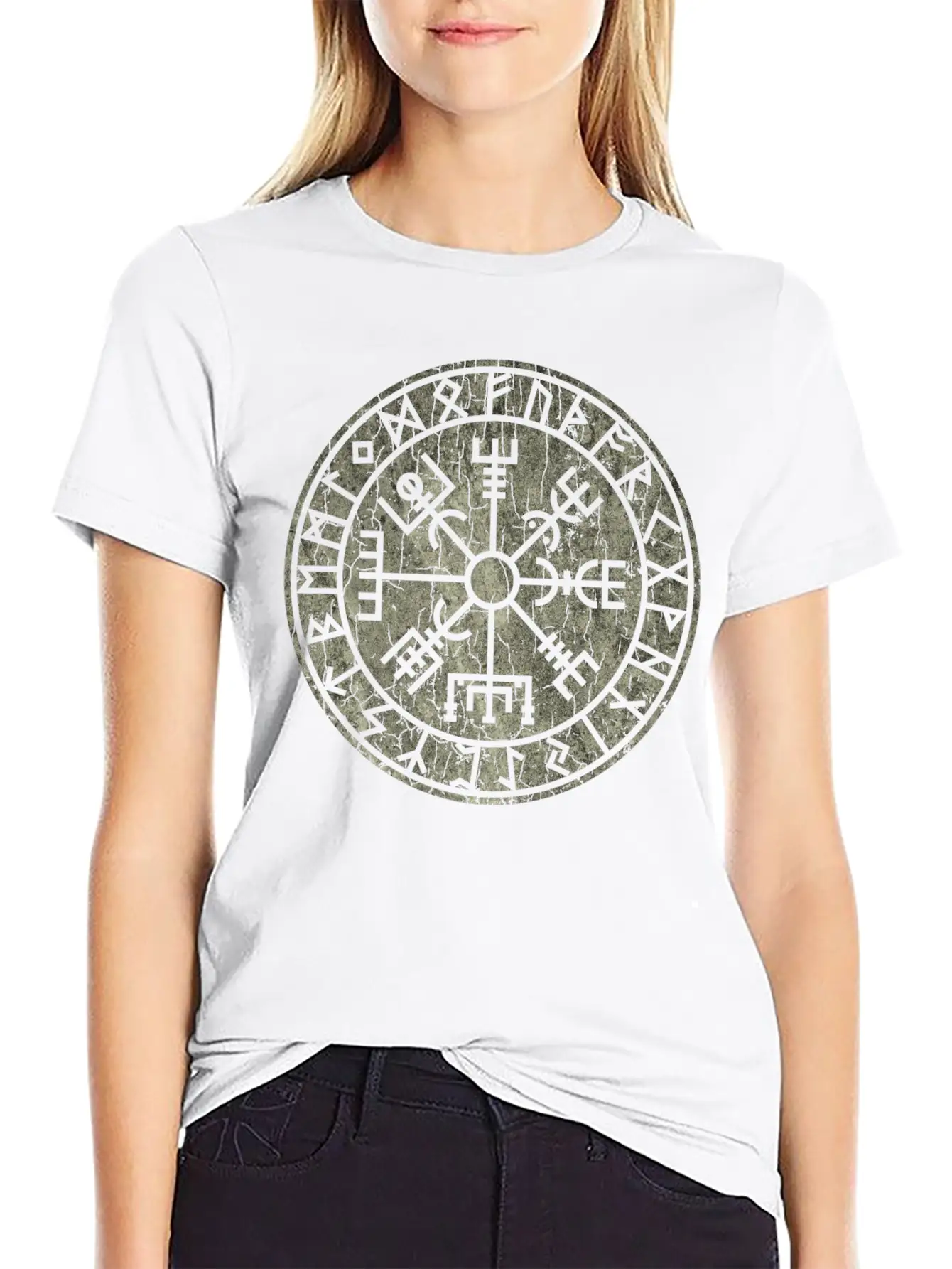 Vegvísir With Elder Futhark Stone Distressed Stylish Everyday T-Shirt – Unisex Basic Cotton Tee