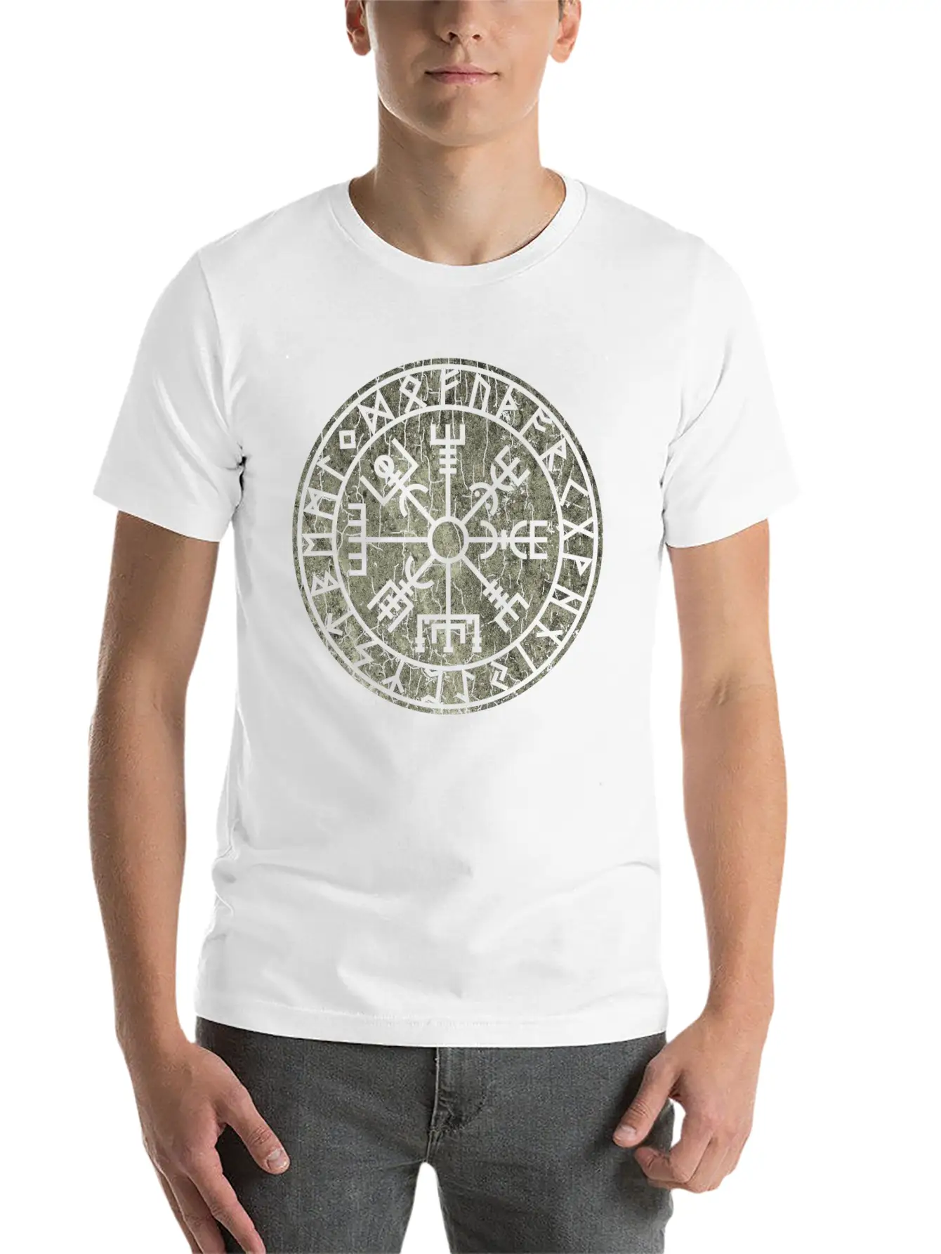 Vegvísir With Elder Futhark Stone Distressed Stylish Everyday T-Shirt – Unisex Basic Cotton Tee