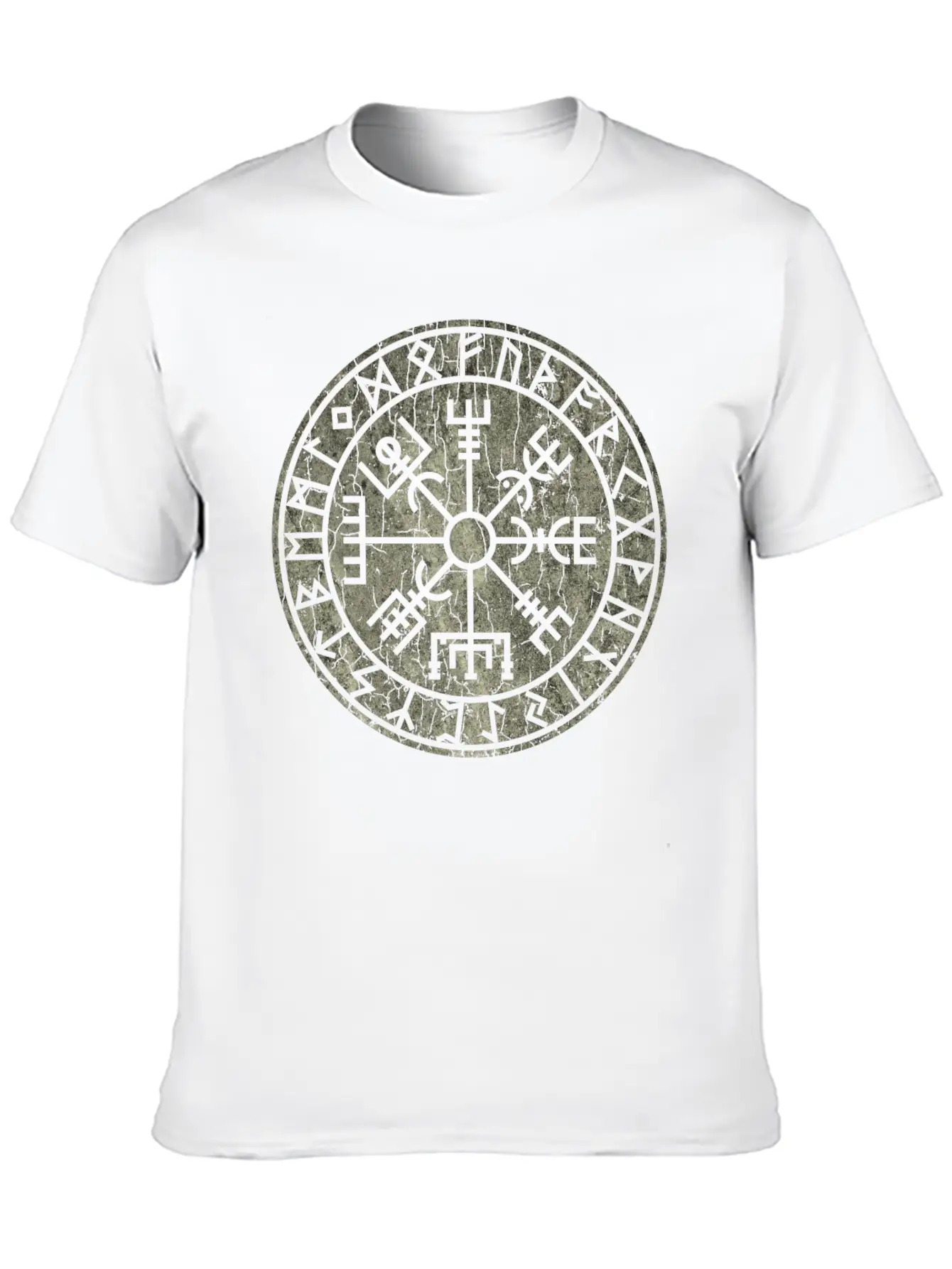 Vegvísir With Elder Futhark Stone Distressed Stylish Everyday T-Shirt – Unisex Basic Cotton Tee
