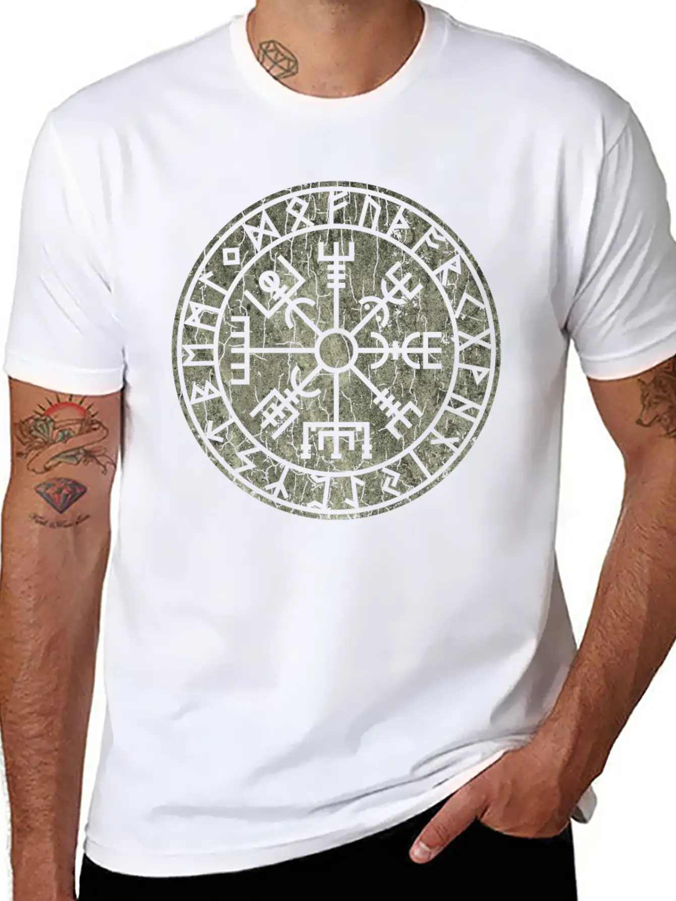 Vegvísir With Elder Futhark Stone Distressed Stylish Everyday T-Shirt – Unisex Basic Cotton Tee