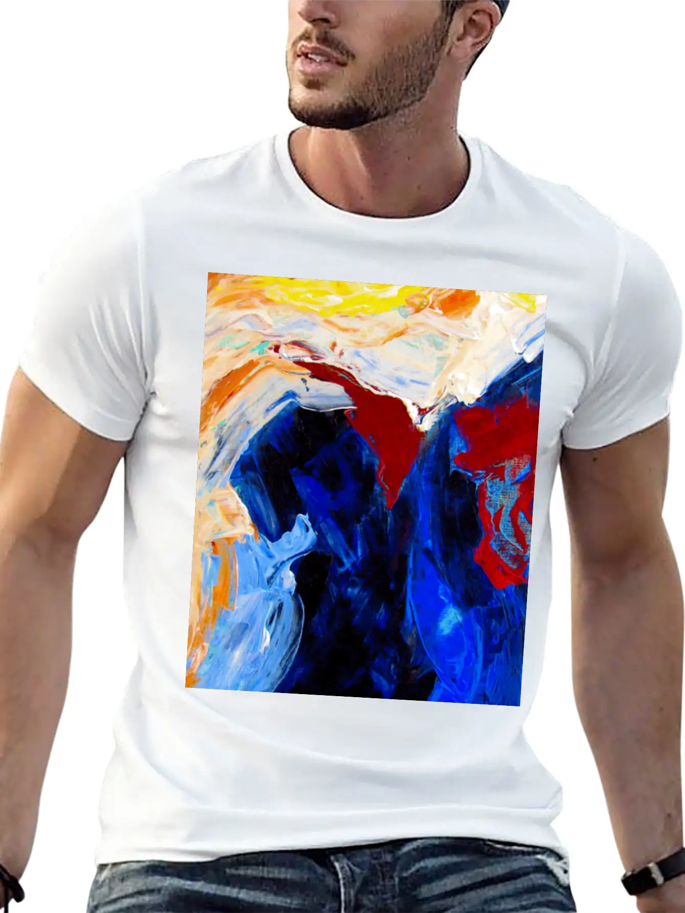 Vibrant Original Blue Abstract Painting Timeless Short Sleeve Tee – Comfy And Minimalist Design