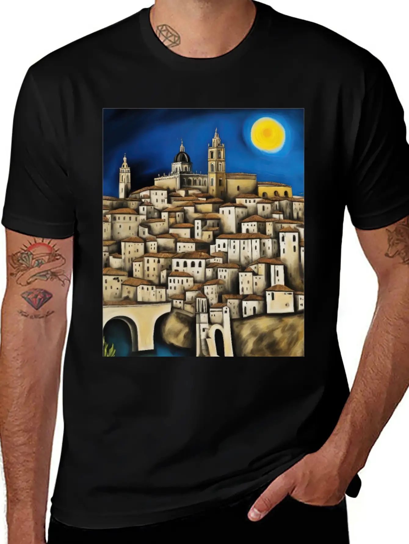 View Of Toledo - Surreal Cityscape Painting Unisex Short Sleeve Soft Cotton T-Shirt – Casual Everyday Wear