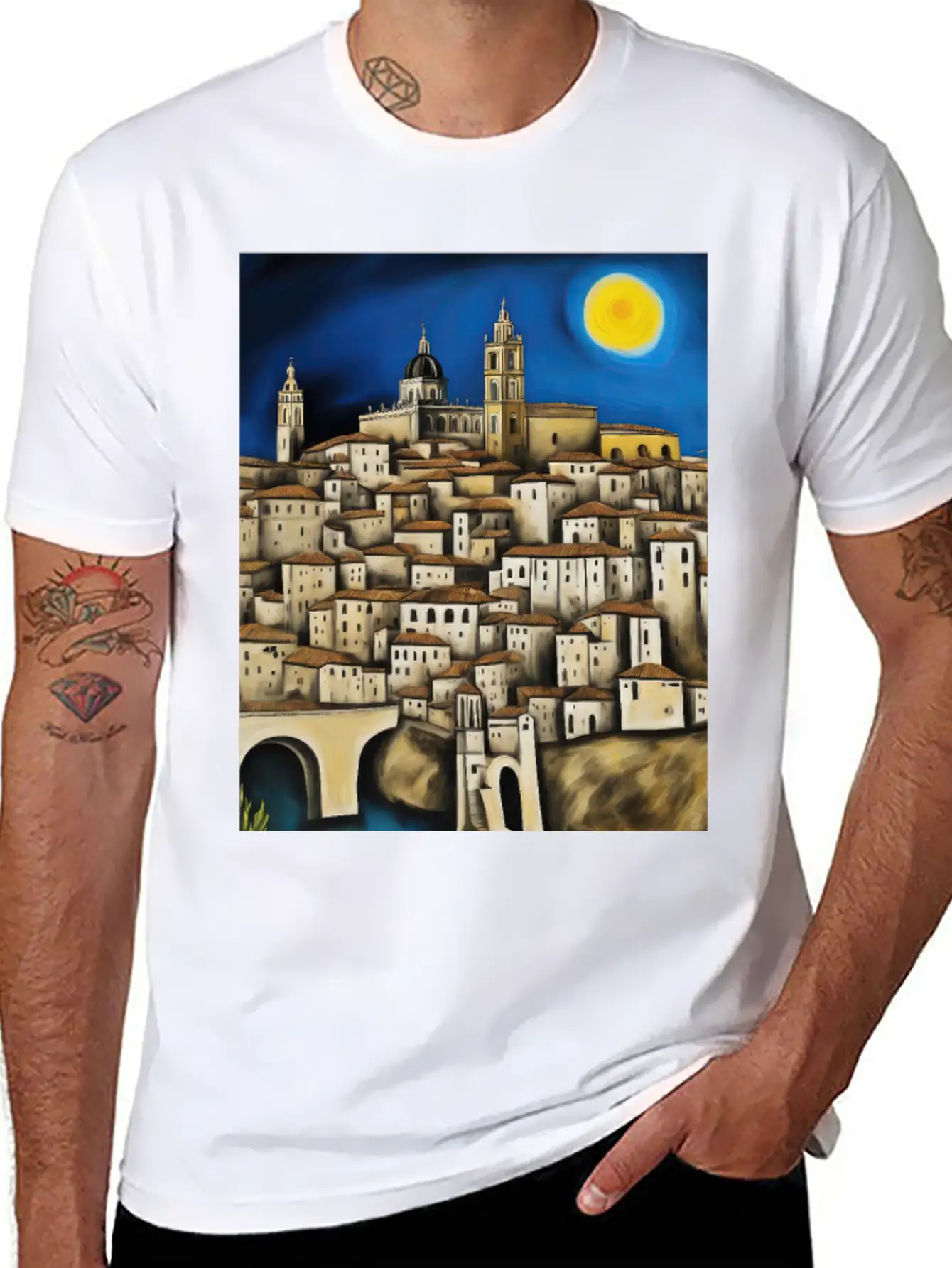 View Of Toledo - Surreal Cityscape Painting Unisex Short Sleeve Soft Cotton T-Shirt – Casual Everyday Wear