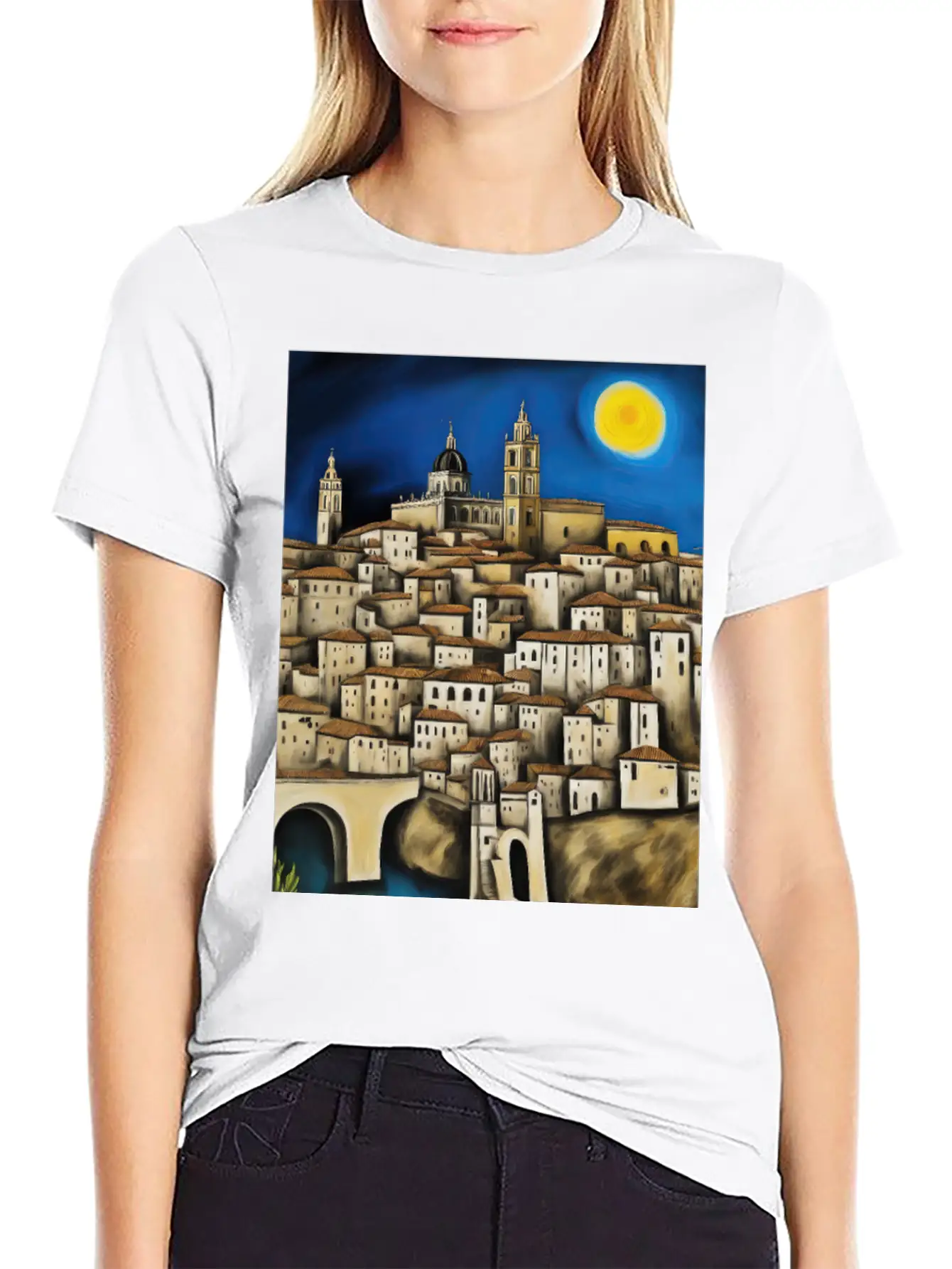 View Of Toledo - Surreal Cityscape Painting Unisex Short Sleeve Soft Cotton T-Shirt – Casual Everyday Wear