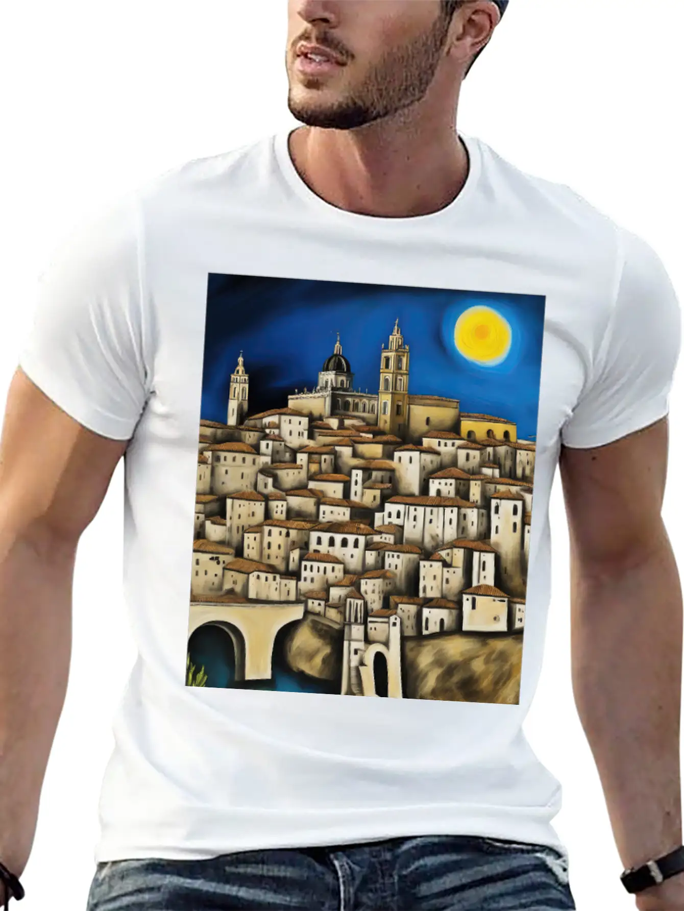 View Of Toledo - Surreal Cityscape Painting Unisex Short Sleeve Soft Cotton T-Shirt – Casual Everyday Wear