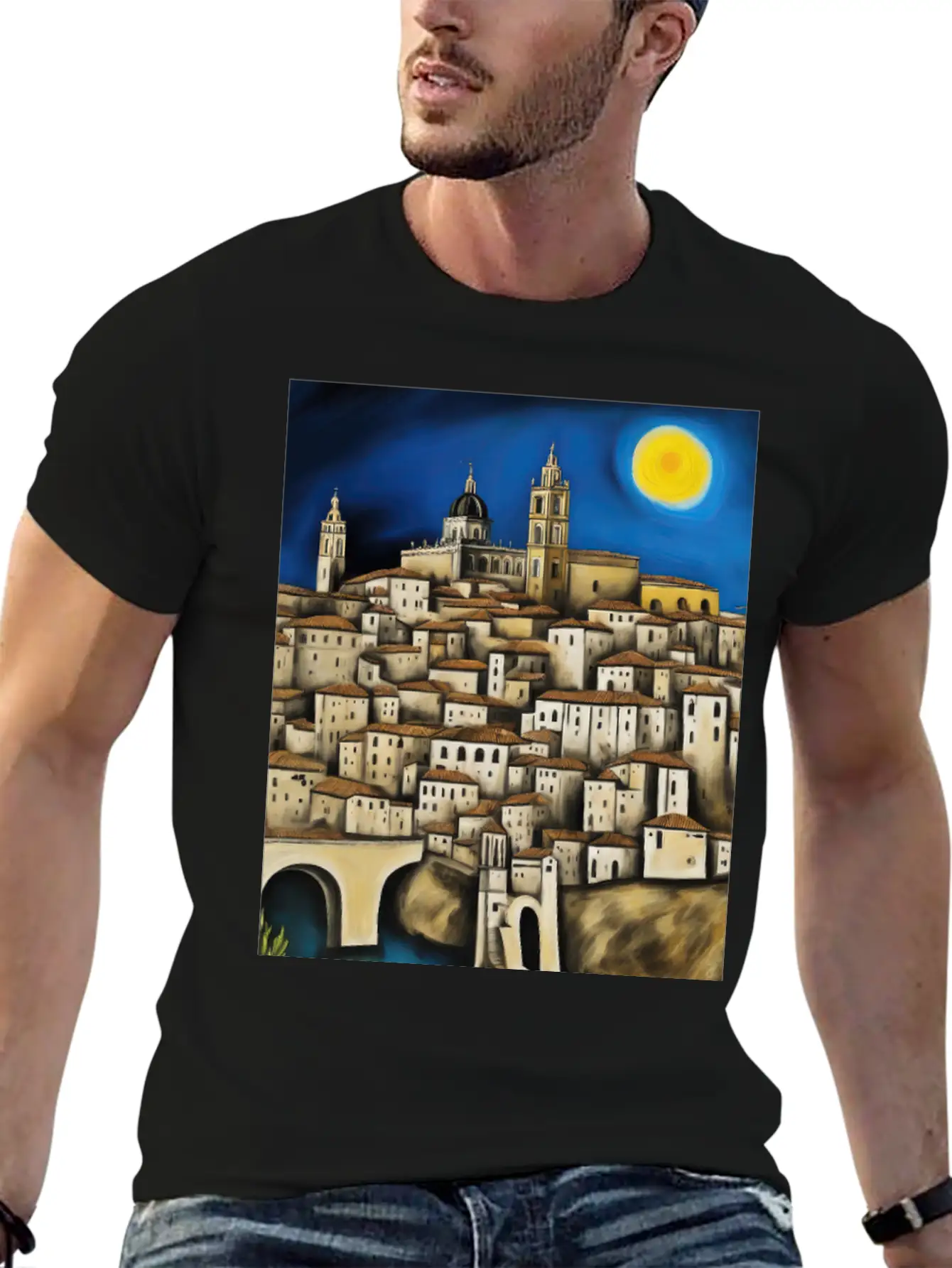 View Of Toledo - Surreal Cityscape Painting Unisex Short Sleeve Soft Cotton T-Shirt – Casual Everyday Wear