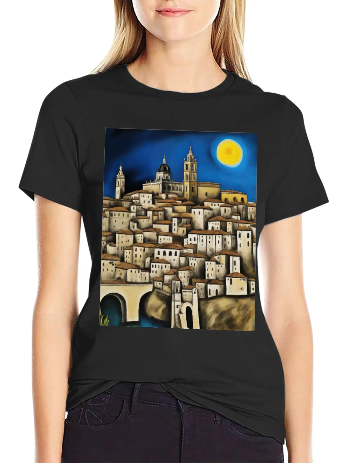 View Of Toledo - Surreal Cityscape Painting Unisex Short Sleeve Soft Cotton T-Shirt – Casual Everyday Wear
