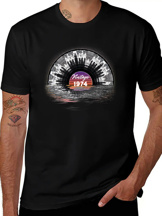 Vintage 1974 Vinyl Sunset Record Water Stylish Everyday T-Shirt – Unisex Basic Cotton Tee