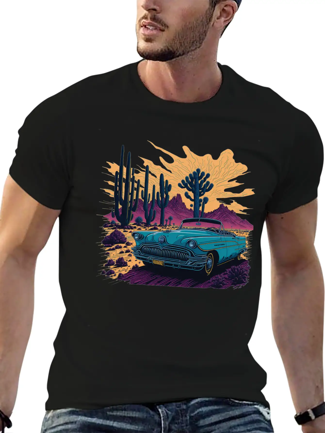 Vintage Car And Desert Stylish Everyday T-Shirt – Unisex Basic Cotton Tee