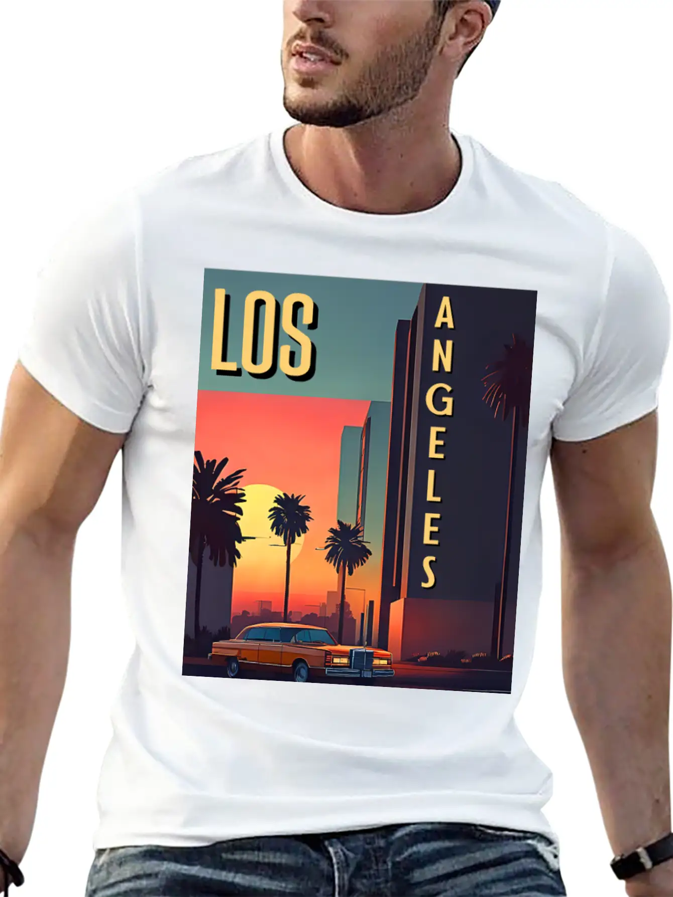 Vintage Car In Hollywood Los Angeles Unisex Short Sleeve Soft Cotton T-Shirt – Casual Everyday Wear