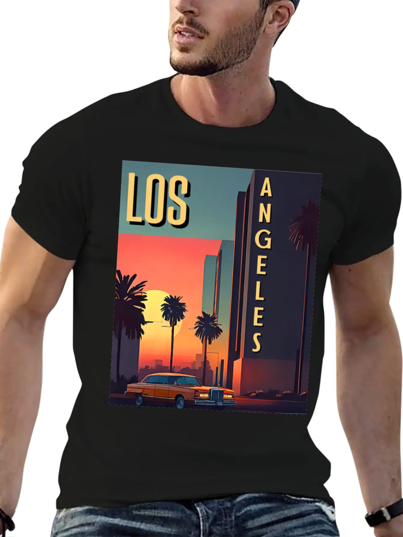 Vintage Car In Hollywood Los Angeles Unisex Short Sleeve Soft Cotton T-Shirt – Casual Everyday Wear