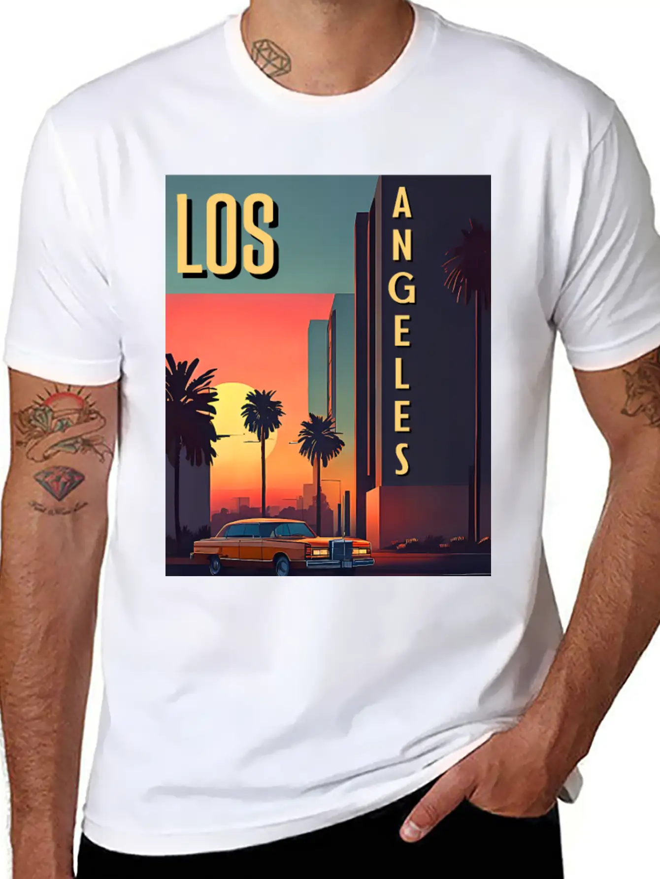 Vintage Car In Hollywood Los Angeles Unisex Short Sleeve Soft Cotton T-Shirt – Casual Everyday Wear