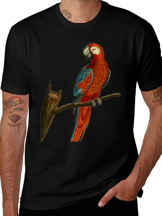 Vintage Deep Red Parrot Illustration Timeless Short Sleeve Tee – Comfy And Minimalist Design