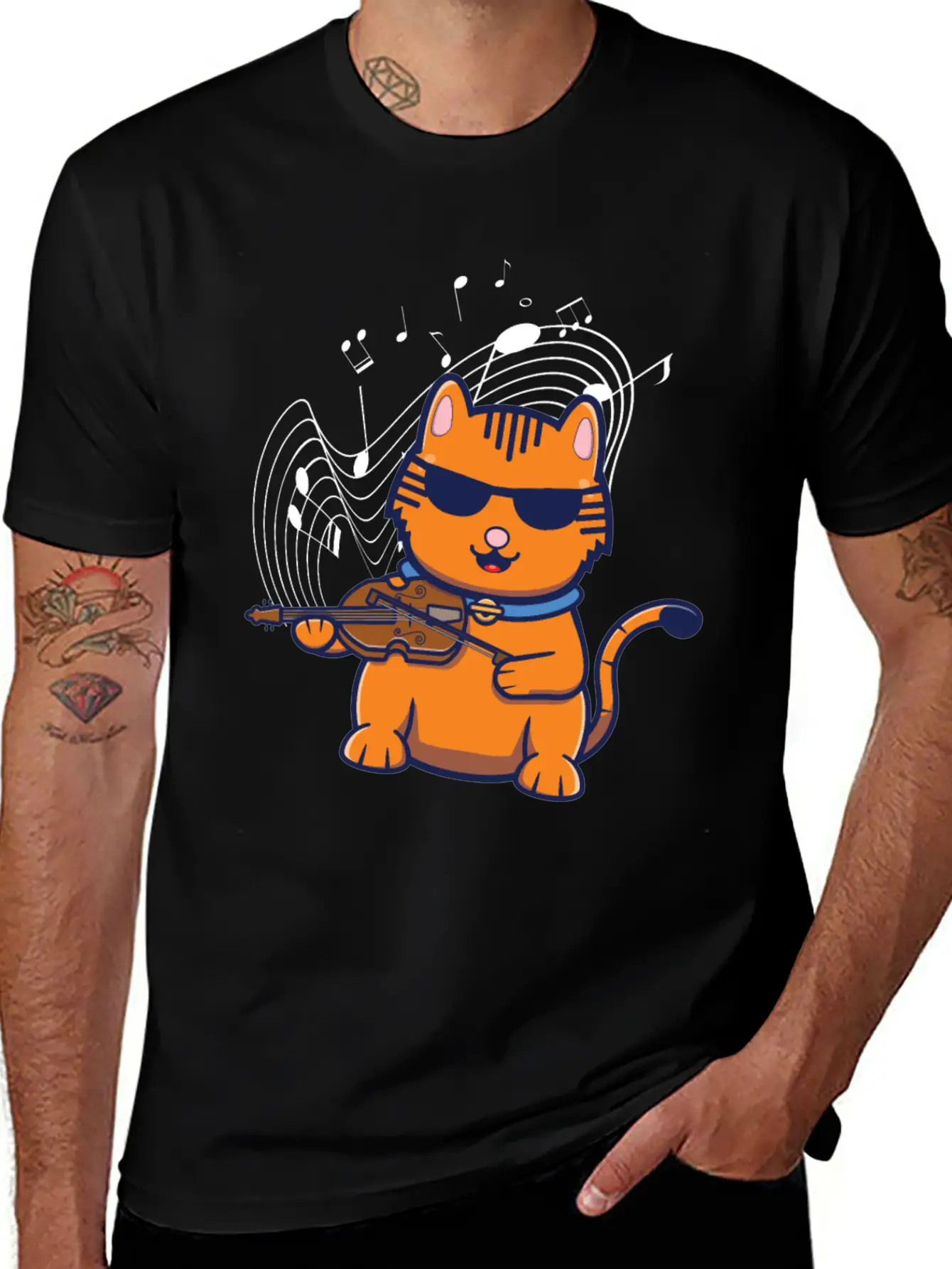 Violin Violinist Jazz Cat Stylish Everyday T-Shirt – Unisex Basic Cotton Tee