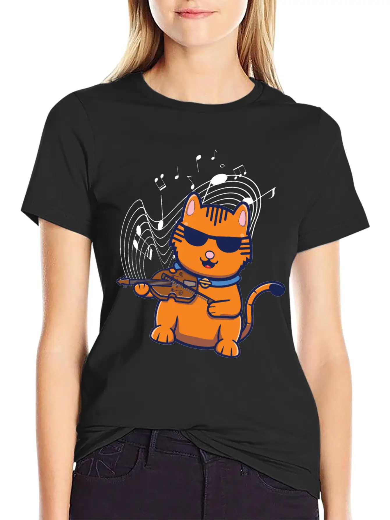 Violin Violinist Jazz Cat Stylish Everyday T-Shirt – Unisex Basic Cotton Tee