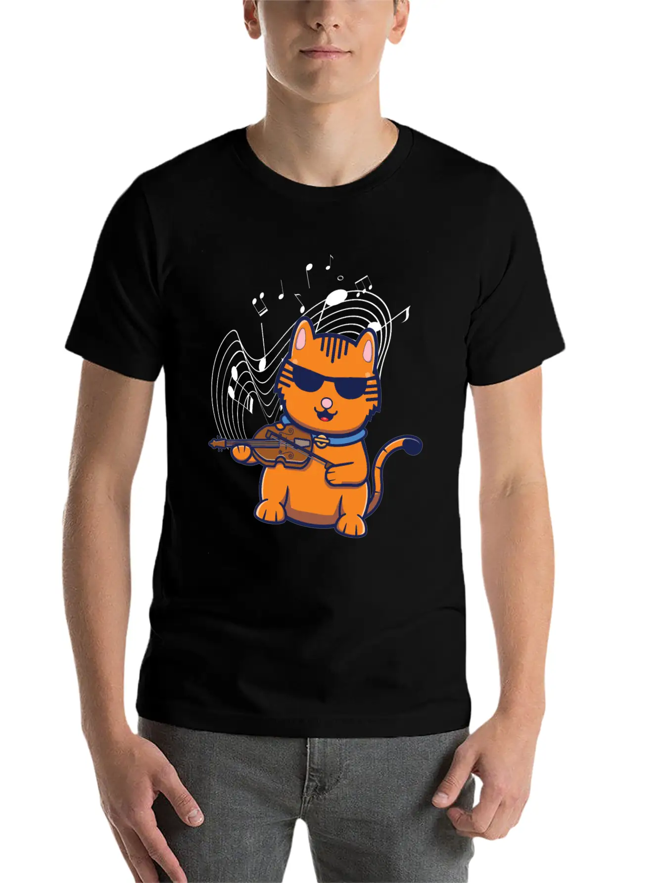 Violin Violinist Jazz Cat Stylish Everyday T-Shirt – Unisex Basic Cotton Tee